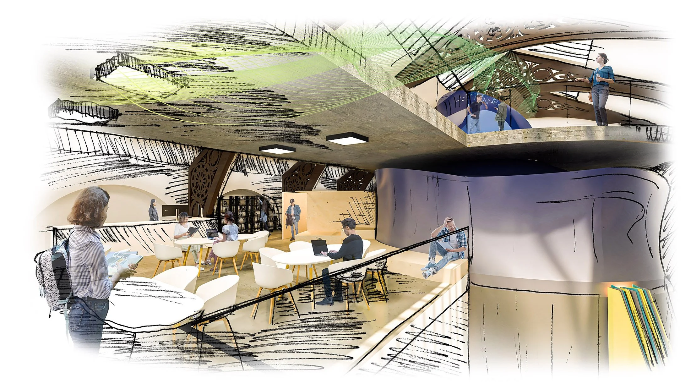 Workspaces - showing a brighter aura around the top of the VR tower with interpretive workspaces and a library adjacent.