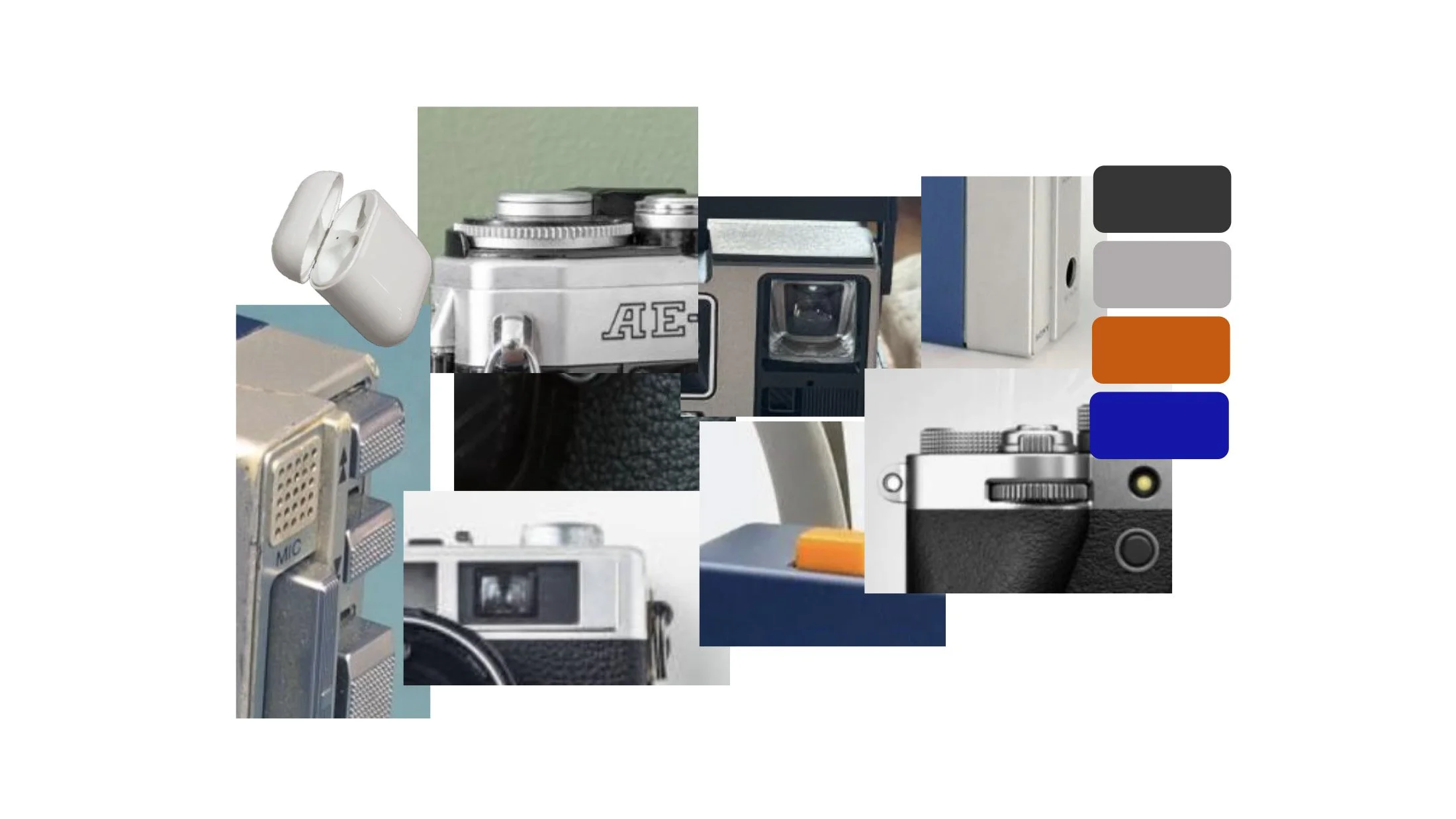 Mood board from my design process, taking inspiration from old digital cameras, with more analogue interfaces and tactility.