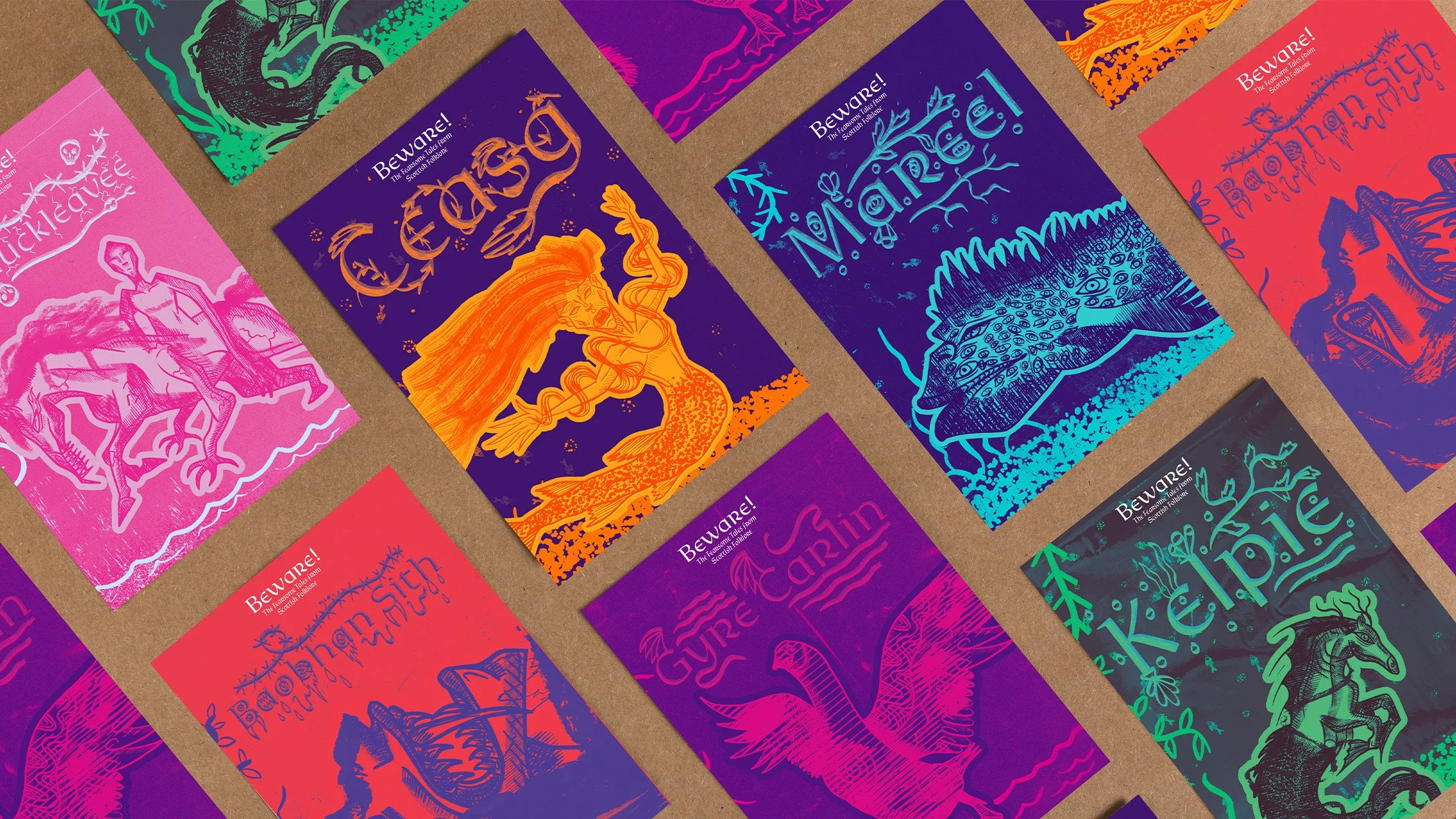 Folklore cards, the purpose of these is to give you a visual taster as to what to expect from the book. Featuring a story or poem on the back.