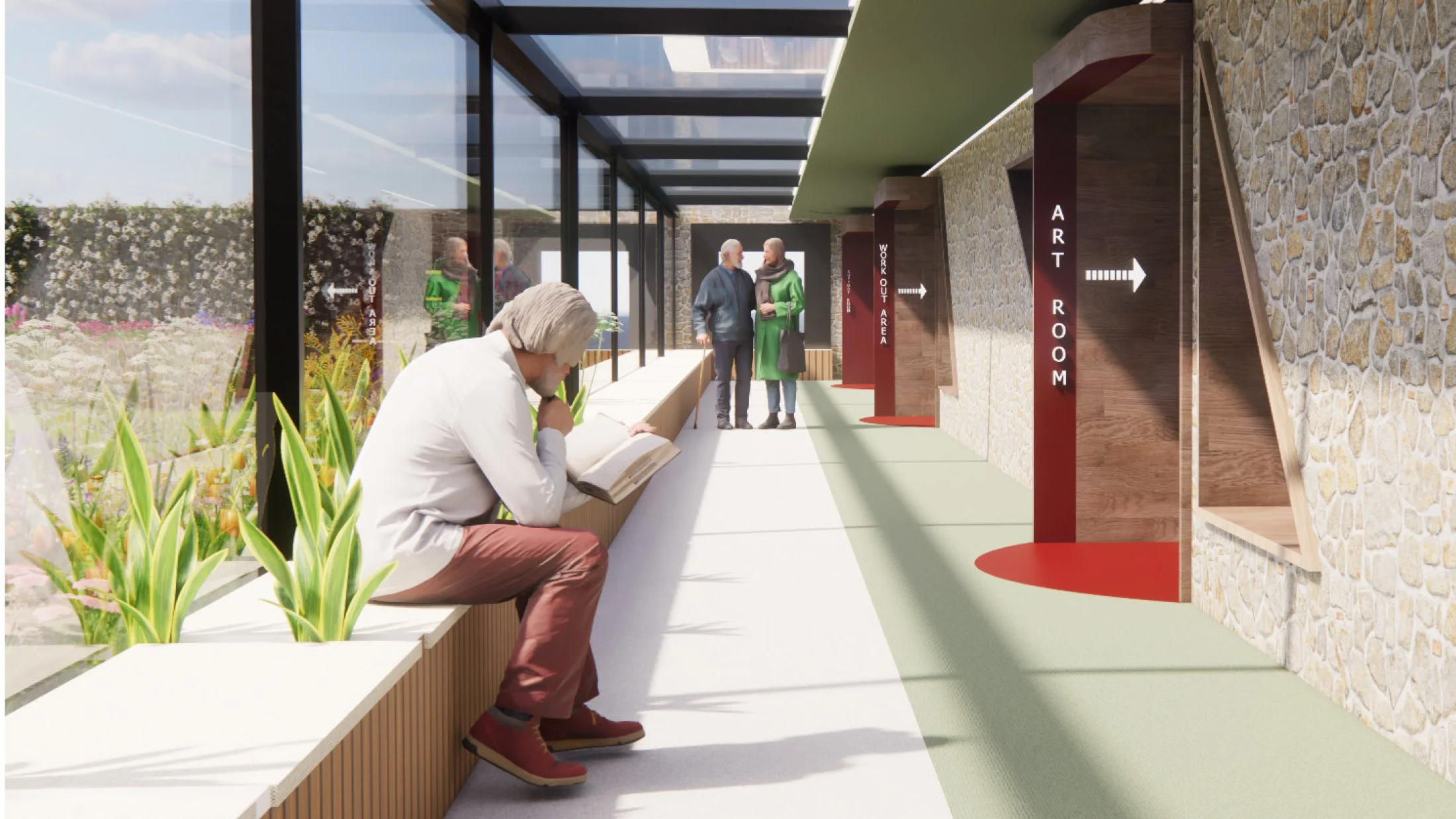 Visual of Hallway Leading to Activity Rooms with Integrated Wayfinding