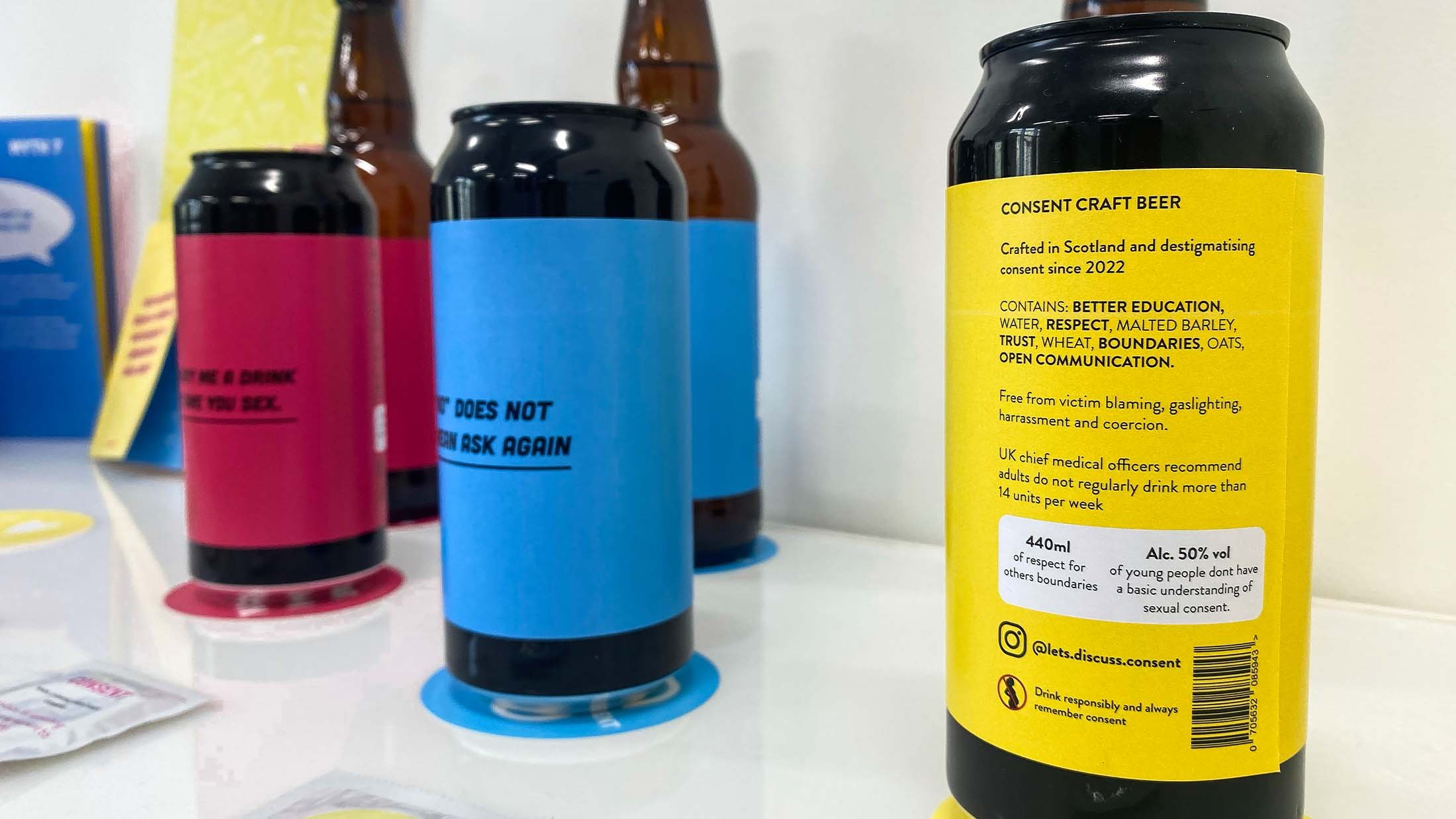The “Consent Craft Beer” has been created to be sold at student unions and raise awareness around consent in social situations. The cans and bottles highlight the issue of victim blaming and how we should never use alcohol as an excuse for sexual vio