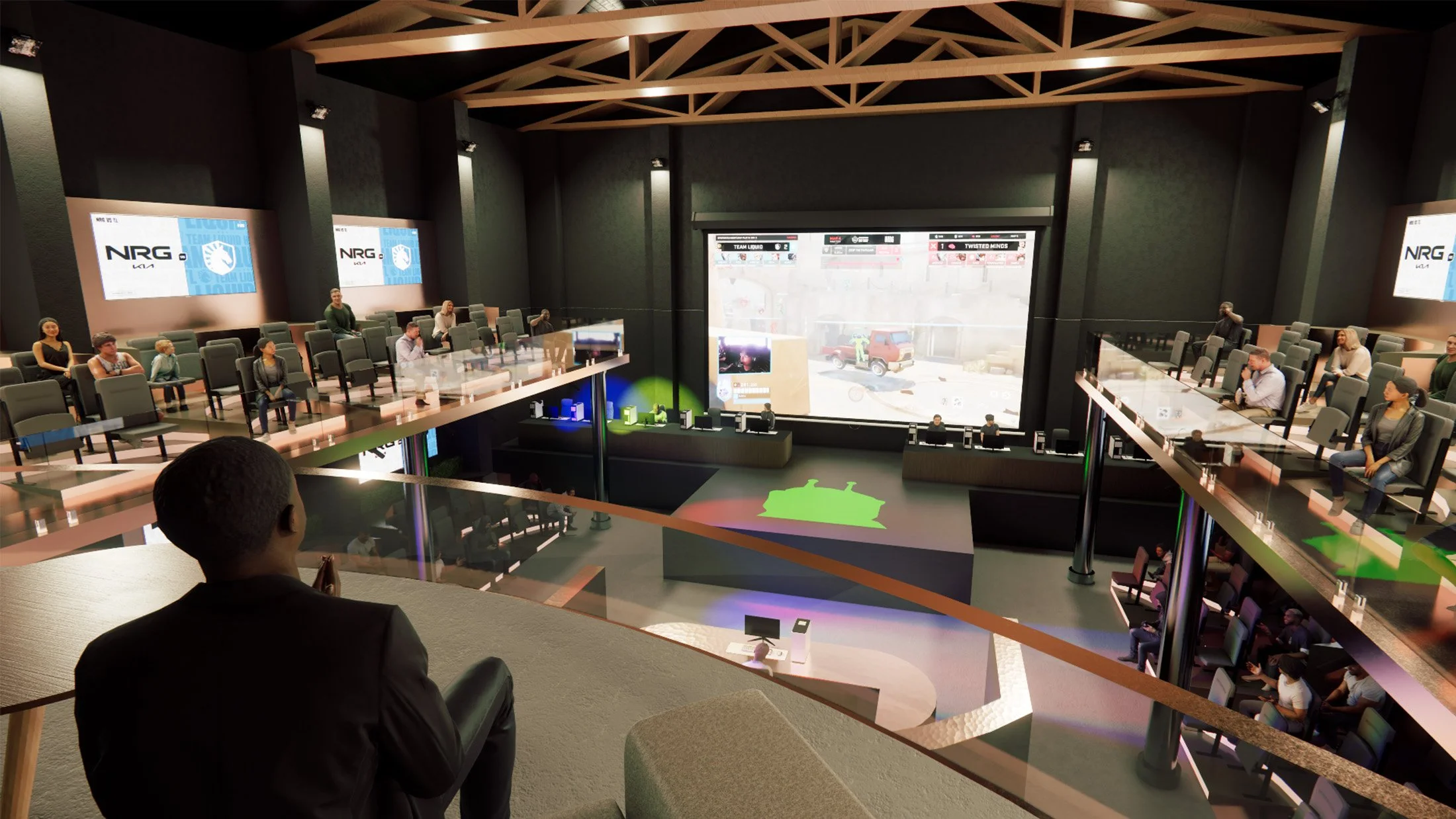 Inside the players & coaches’ space upstairs where a lounge is situated that allows for these groups to watch as the games are played & events are held.