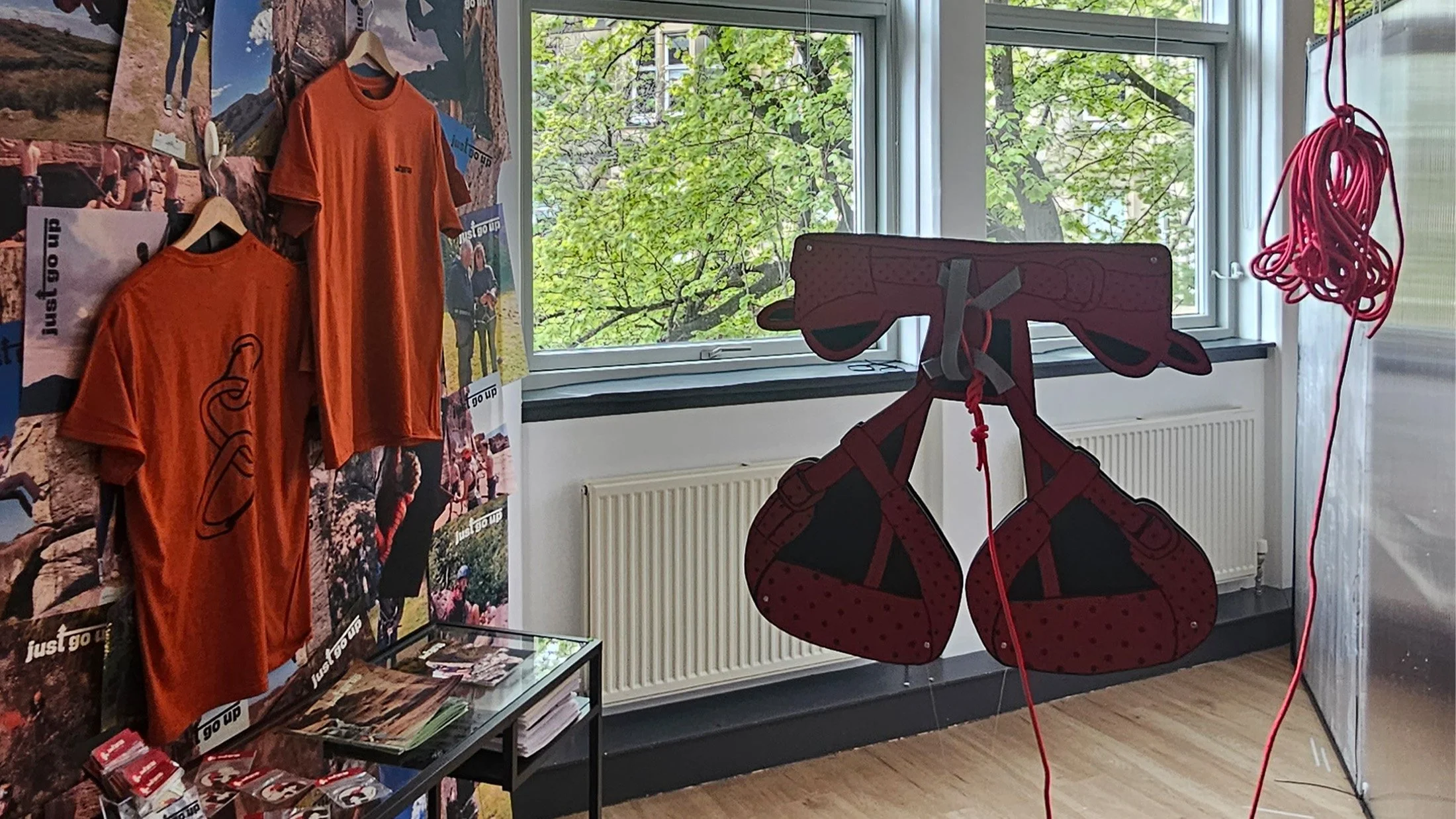 An interactive harness and rope where visitors of the exhibition can try out tying in for themselves.