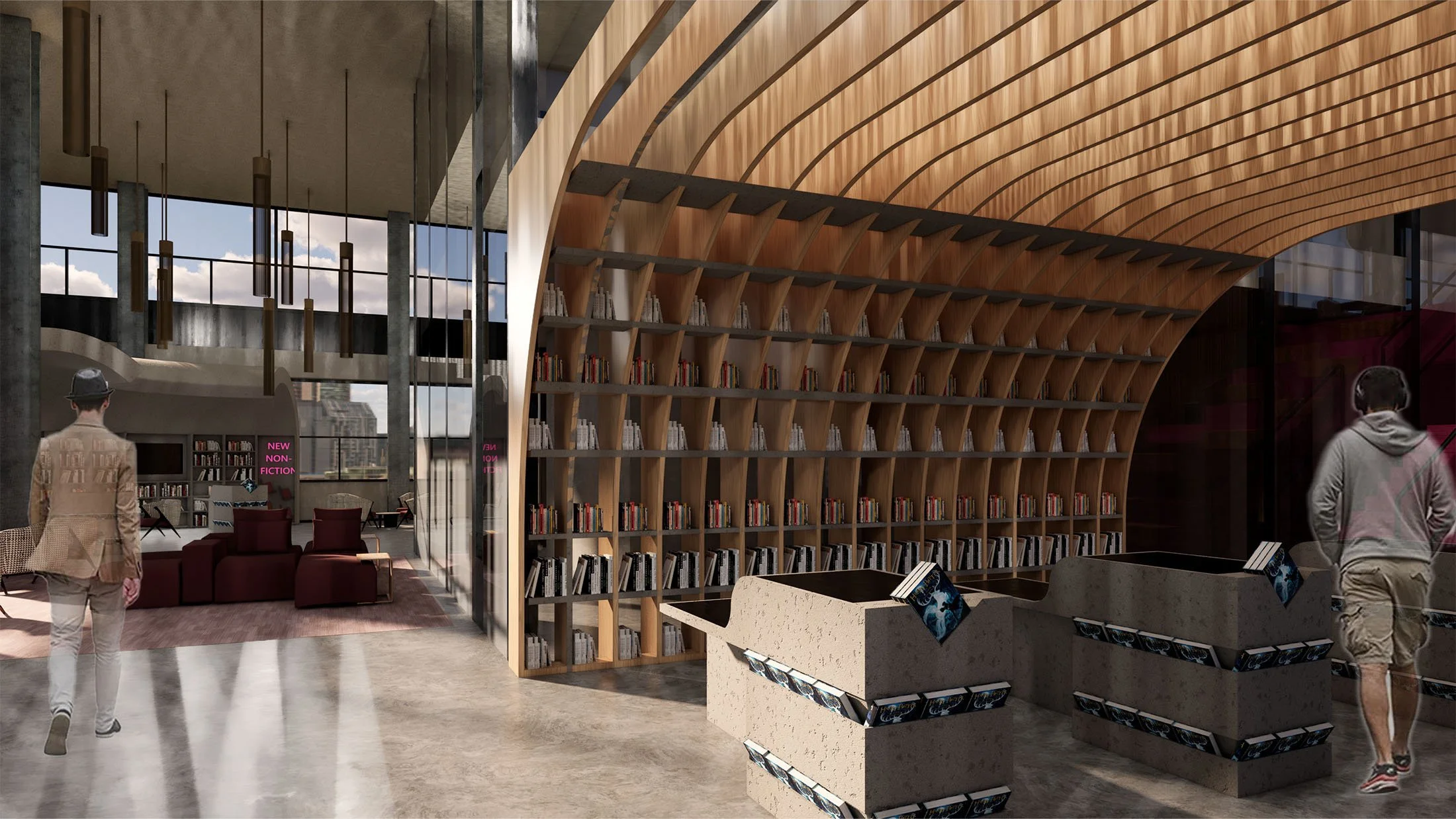 View of Book Storage and Interactive Tables – 5th Floor
