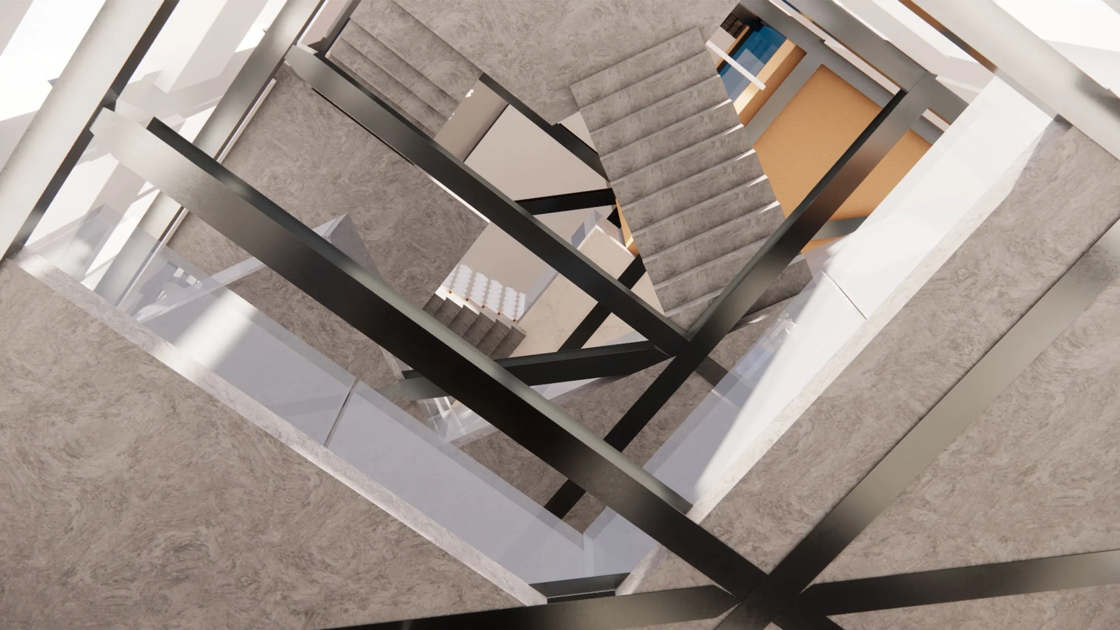 View from the ground floor looking up the stairway through the spaces