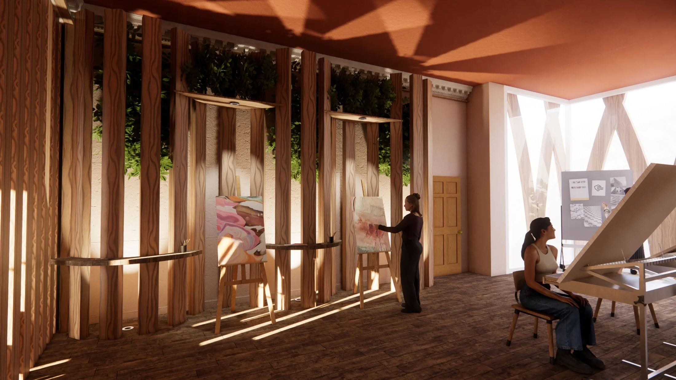 Painting Area – A freestyle working space with varying easels and workspaces for people to work at. With the cantilevered extension at the back.