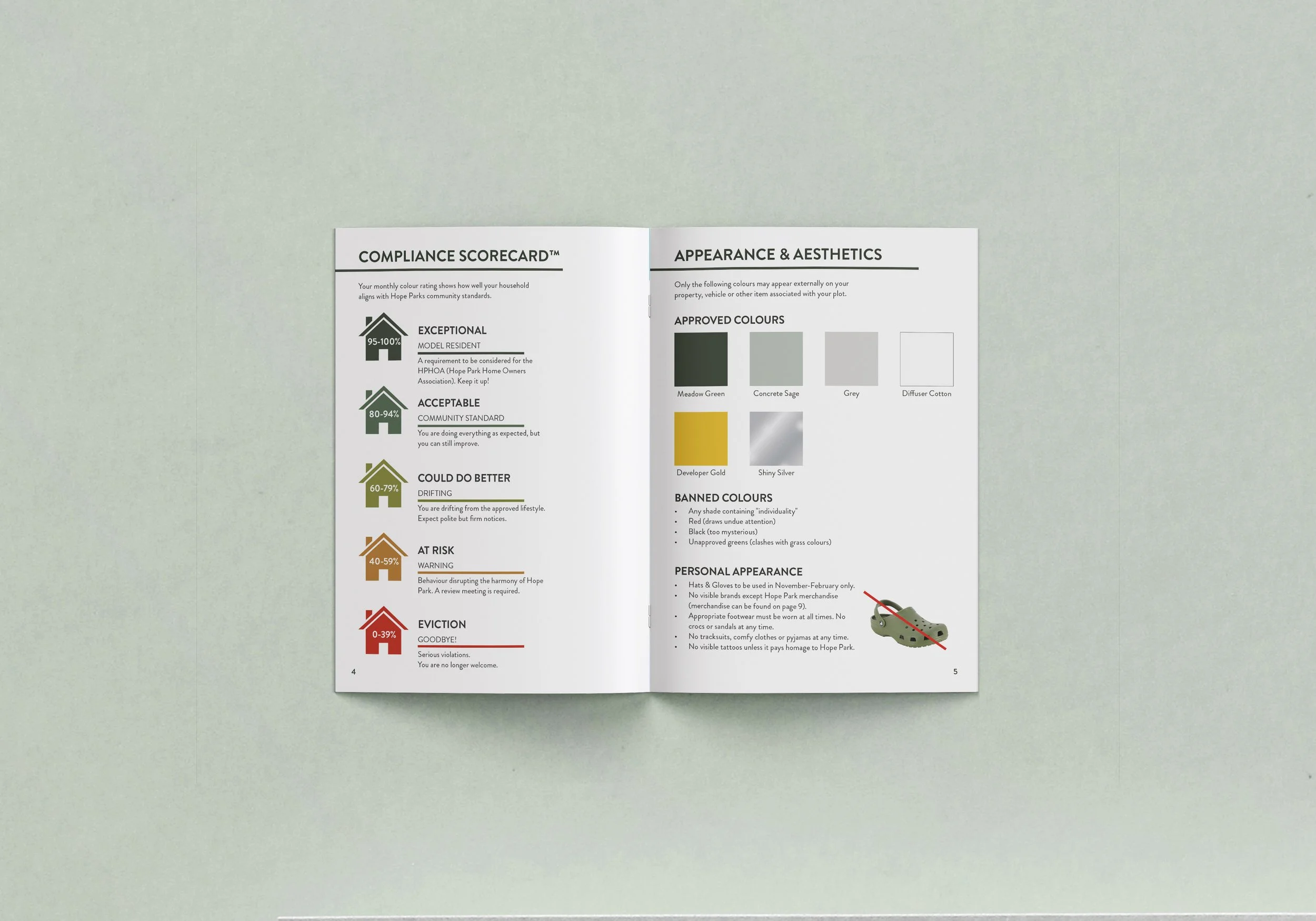 Brand Guidelines booklet. The crest pattern, designed as a homage to the historical area that once was public greenspace.