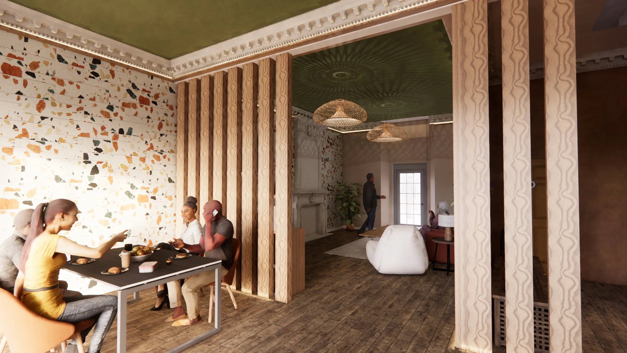 Entrance Breakout Space – As you enter the building on the ground floor. Showing the possible meeting and eating spaces.