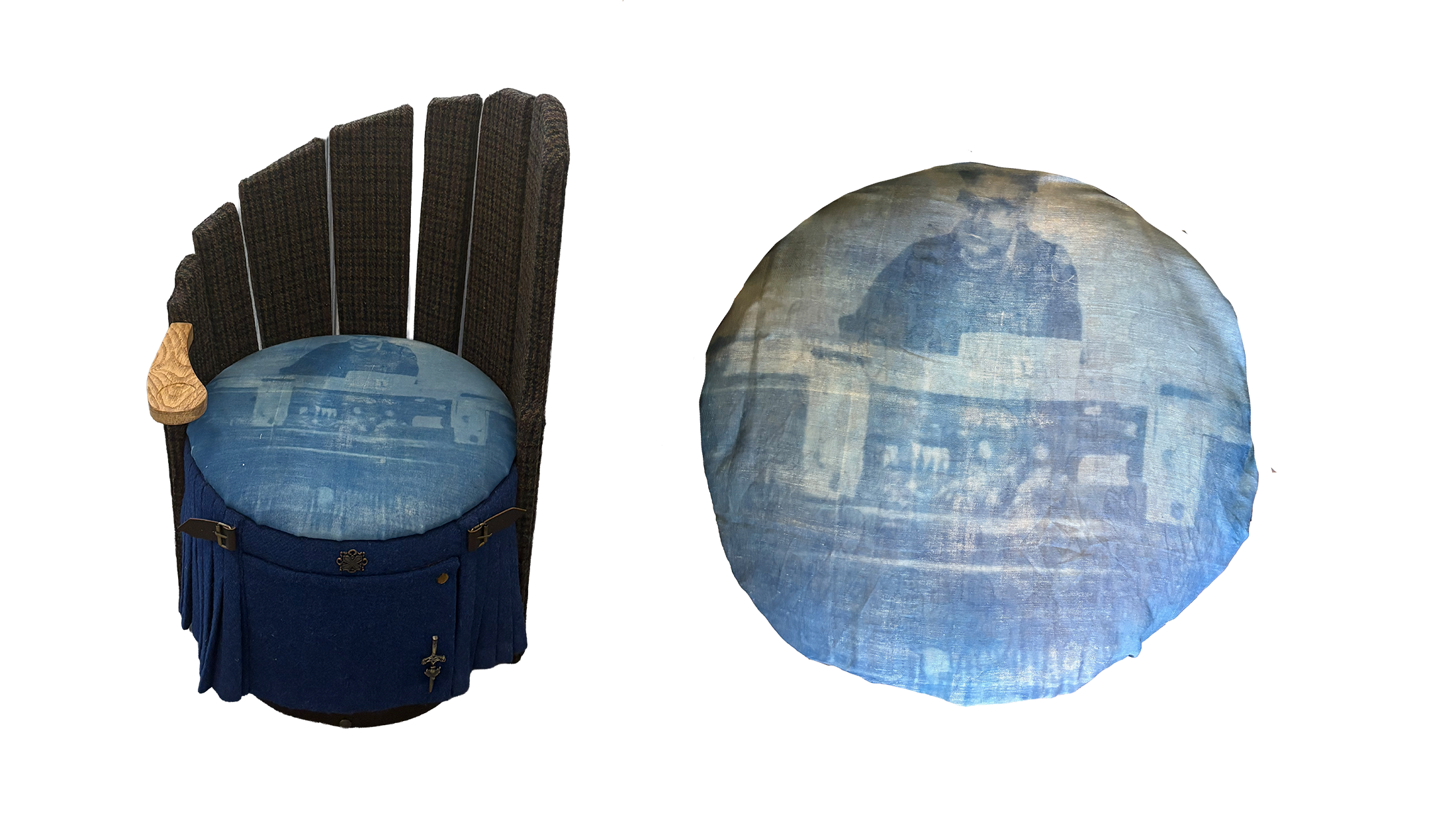 Cyanotype on fabric, harris tweed chair.