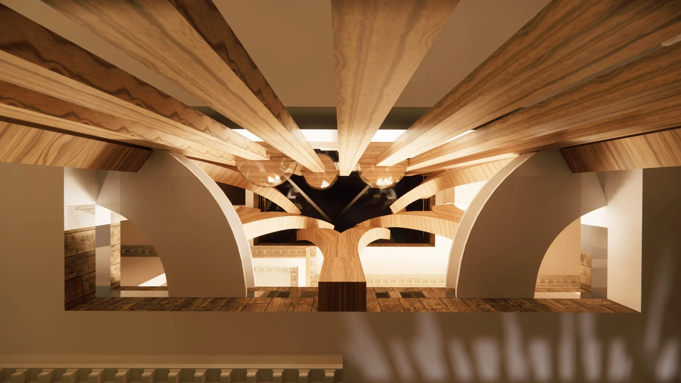 Major Space- An upwards view through the void, to the skylight, from the ground floor.