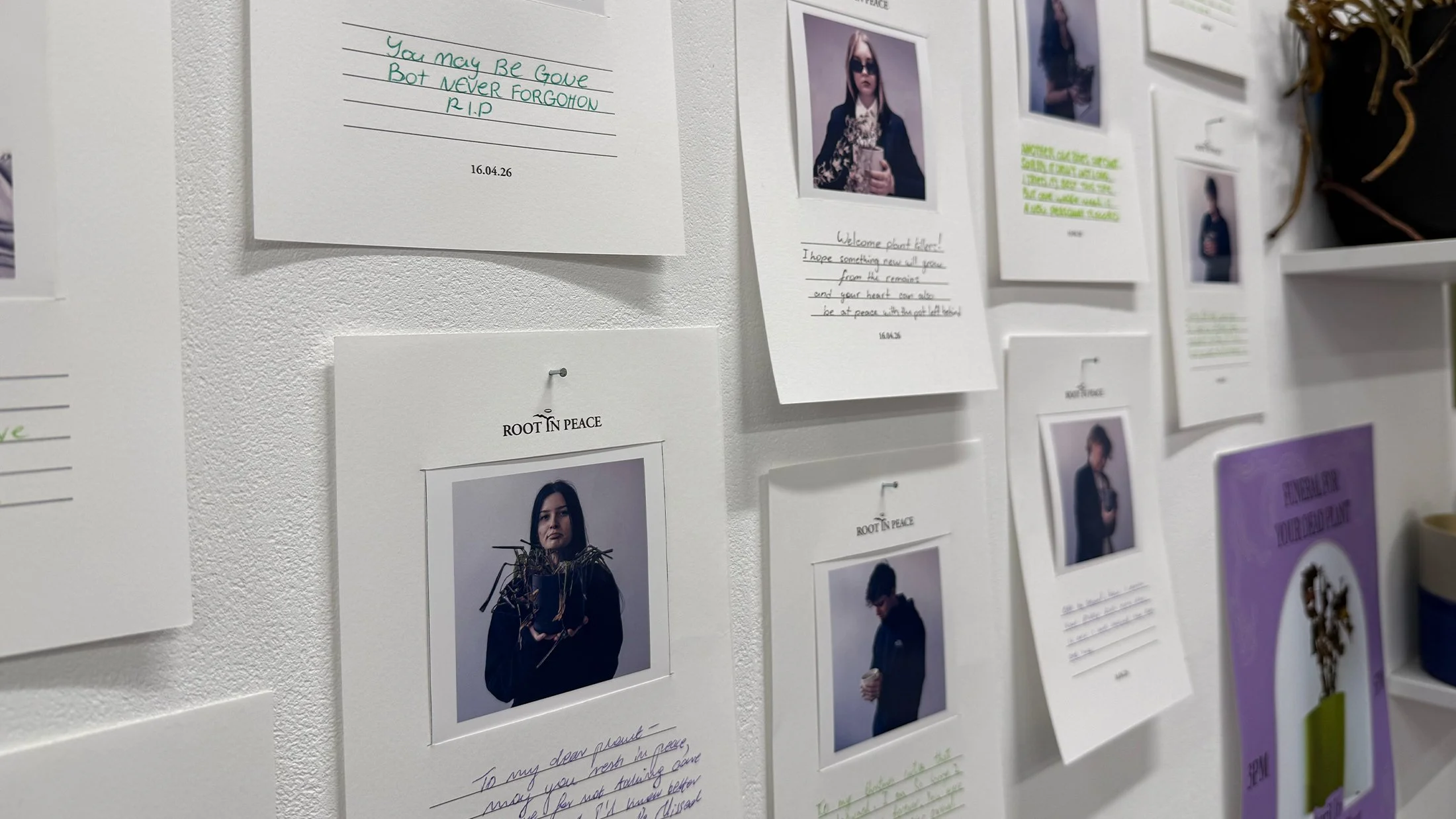 Memorial Wall. Guests write a final farewell and place it alongside their plant portrait.