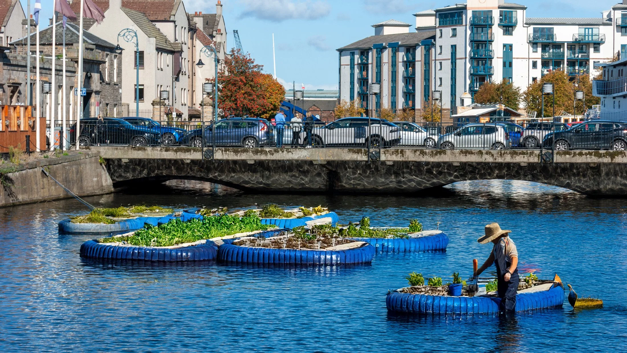 Floating allotments on the Water of Leith: a workshop idea visualised as a possible future for local food growing.