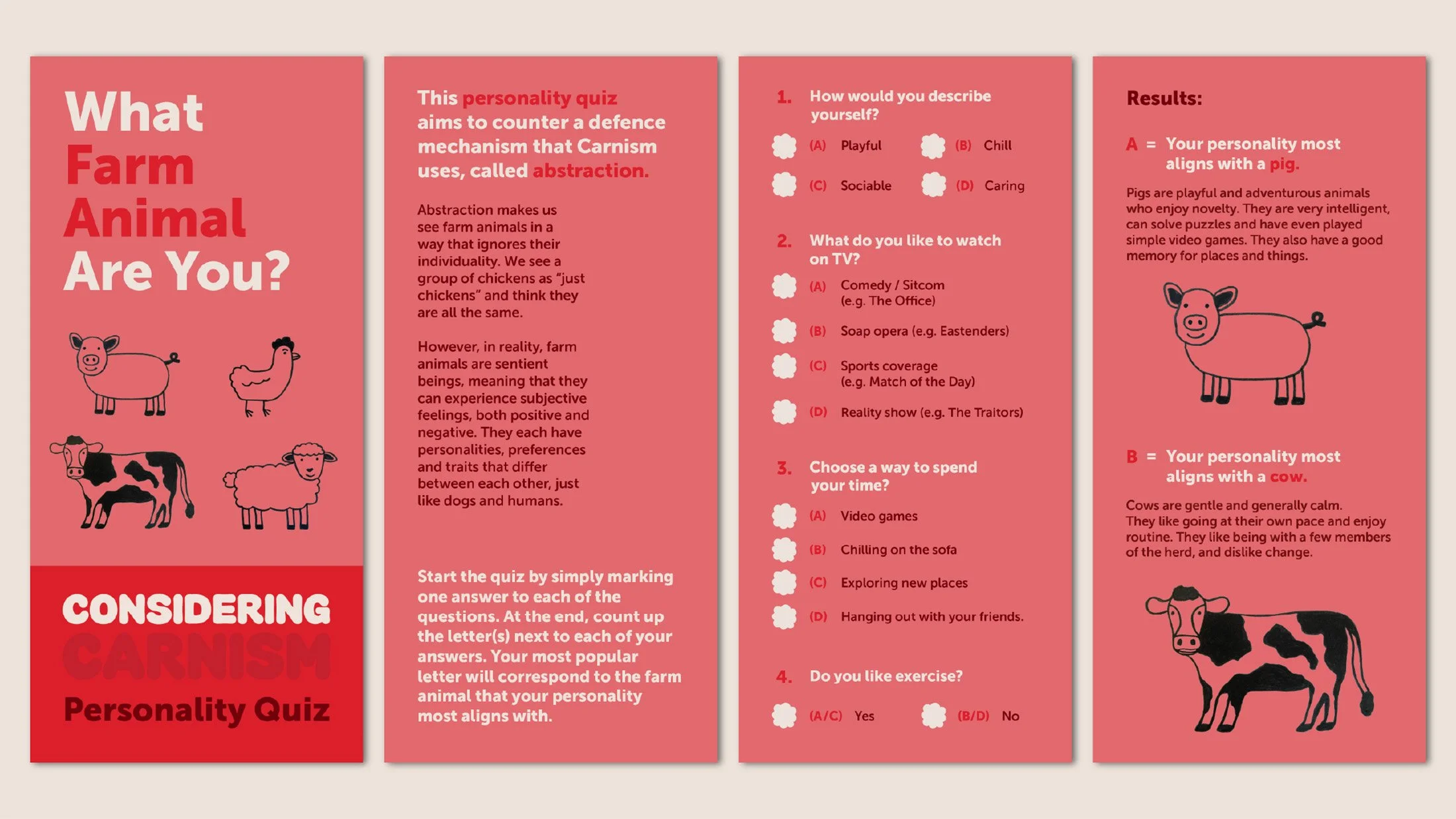 Pages from the interactive personality quiz leaflet.