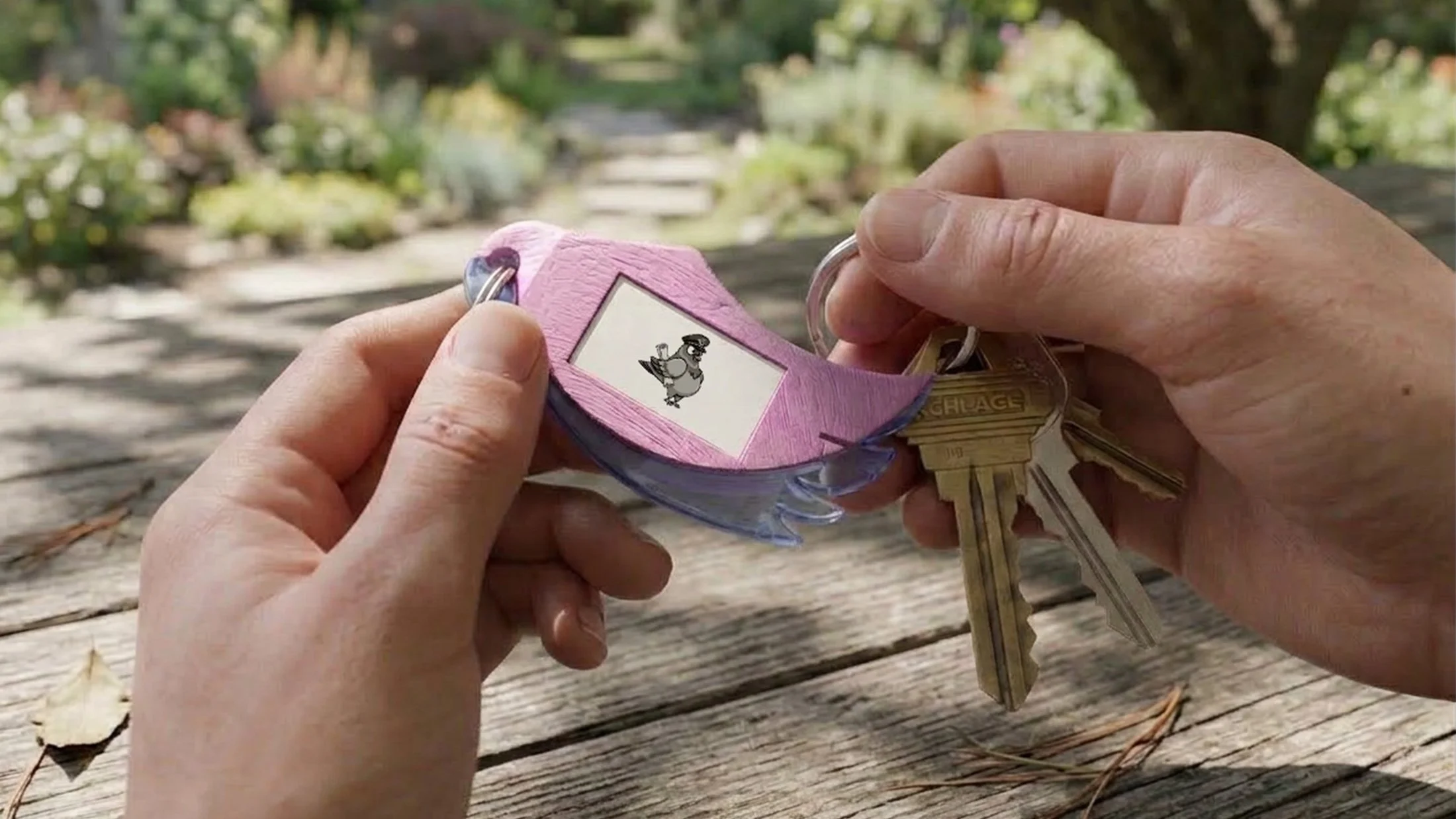 Pigeon (keychain) out in environment.