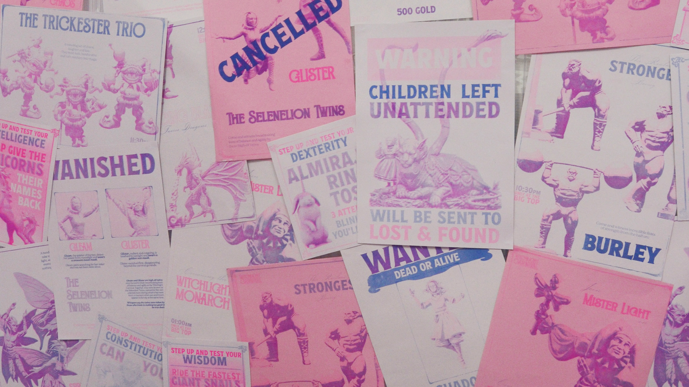 Risograph posters created for narrative worldbuilding.
