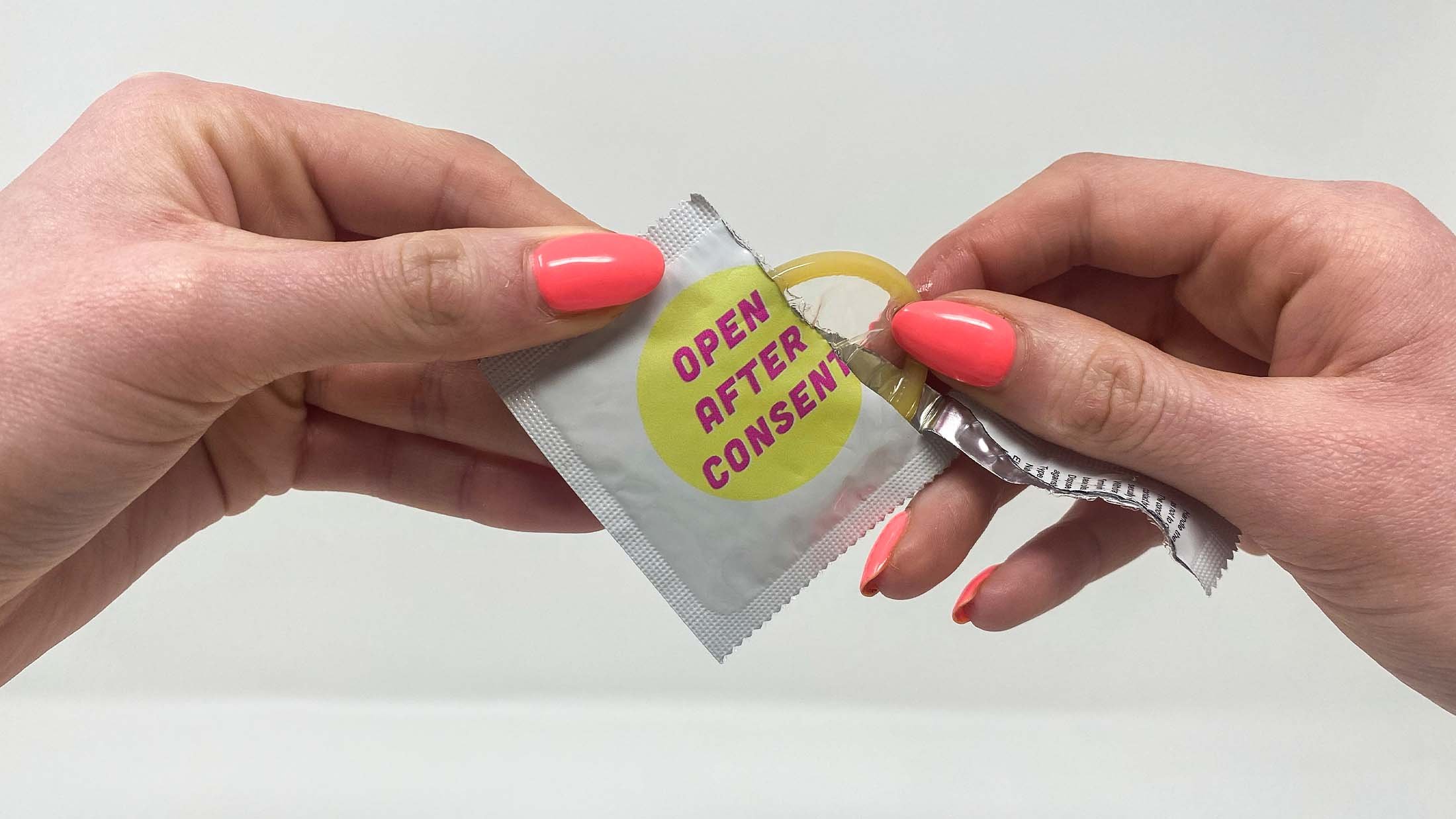The pack includes 5 condoms with various designs. These act as a last minute reminder of consent and a conversation starter that shows that asking for consent does not need to be ‘awkward’.