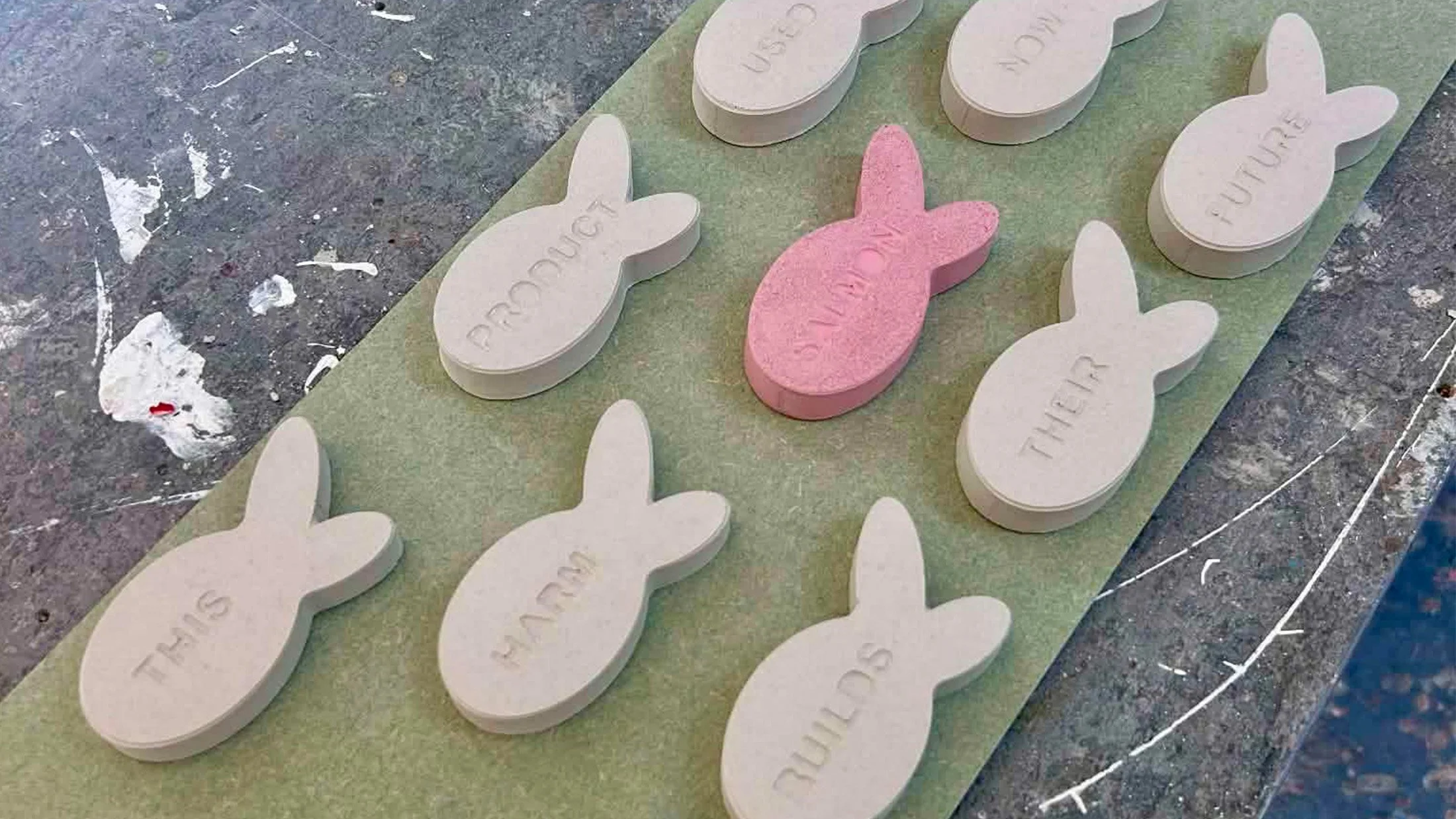Small plaster prototypes with embossed lettering, testing vacuum-formed mould detail.