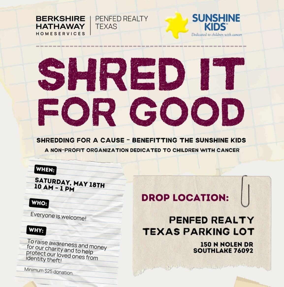 It&rsquo;s spring cleaning time y&rsquo;all! Mark your calendars because in 1 month, on May 18, we&rsquo;re hosting a shredding event at our Southlake office benefitting @sunshinekidsorg. Gather that big pile of old tax returns and other sensitive do
