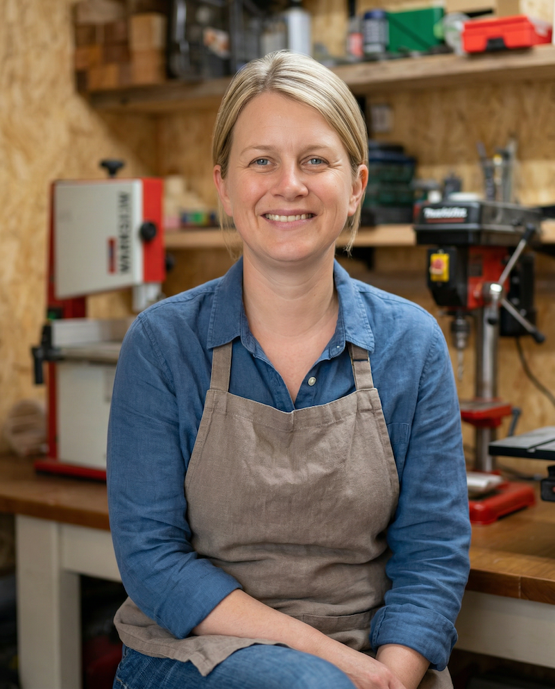 A woman with blonde hair smiling, sitting in a workshop with woodworking tools and supplies behind her, wearing a blue shirt and an apron.