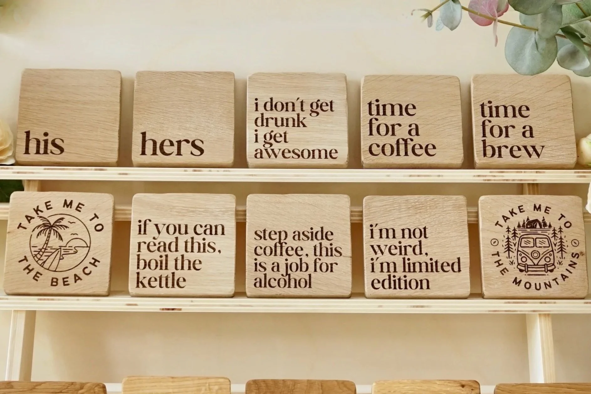 Handcrafted Oak Text Coasters