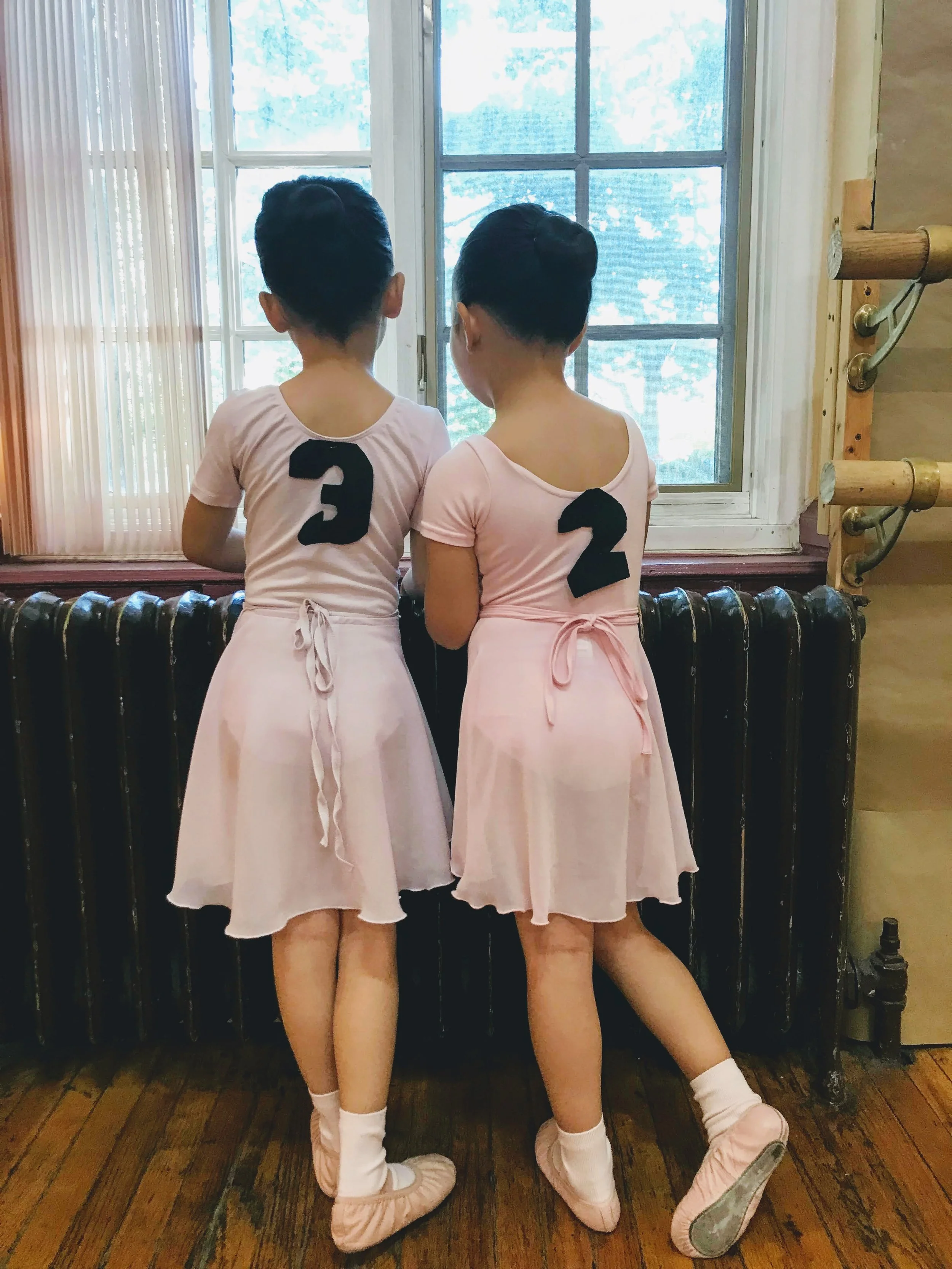 Two young girls dressed in pink ballet practice wear, standing side by side and looking out a window. Each has a number on their back, '3' on the girl on the left and '2' on the girl on the right.