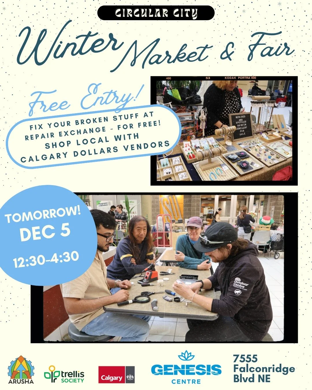 See you tomorrow at the Genesis Centre for our Winter Market &amp; Fair! 

📅 Dec 5, 
🕛 12:30-4:30, 
🏛 7555 Falconridge NE

Come by to shop local from Calgary Dollars vendors! 
Remember to bring a broken common household item (lamp, ripped jeans, r