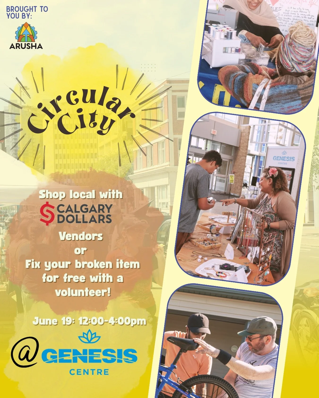 Shop local at our Calgary Dollars market and come by with a broken item to get your belongings fixed for FREE! This is a free event happening at the Genesis Centre.

Date: June 19, 2026
Time: 12pm to 4pm
Address: 7555 Falconridge Blvd NE