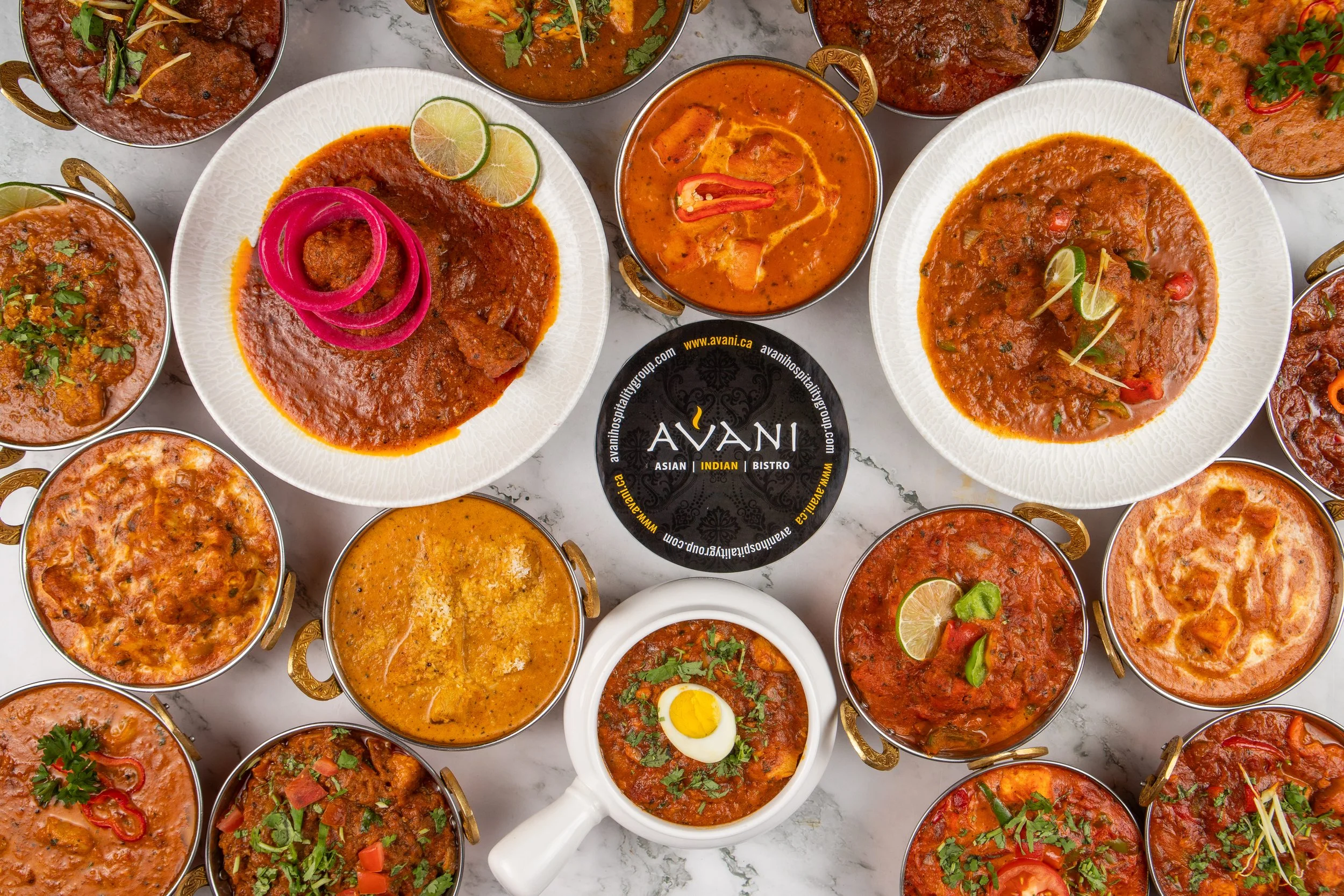 A showcase of the main non-veg curries Avani is proud to offer, from Rogan Josh, Tandoori Butter Chicken, to Chicken Rara and Kadai Chicken. 