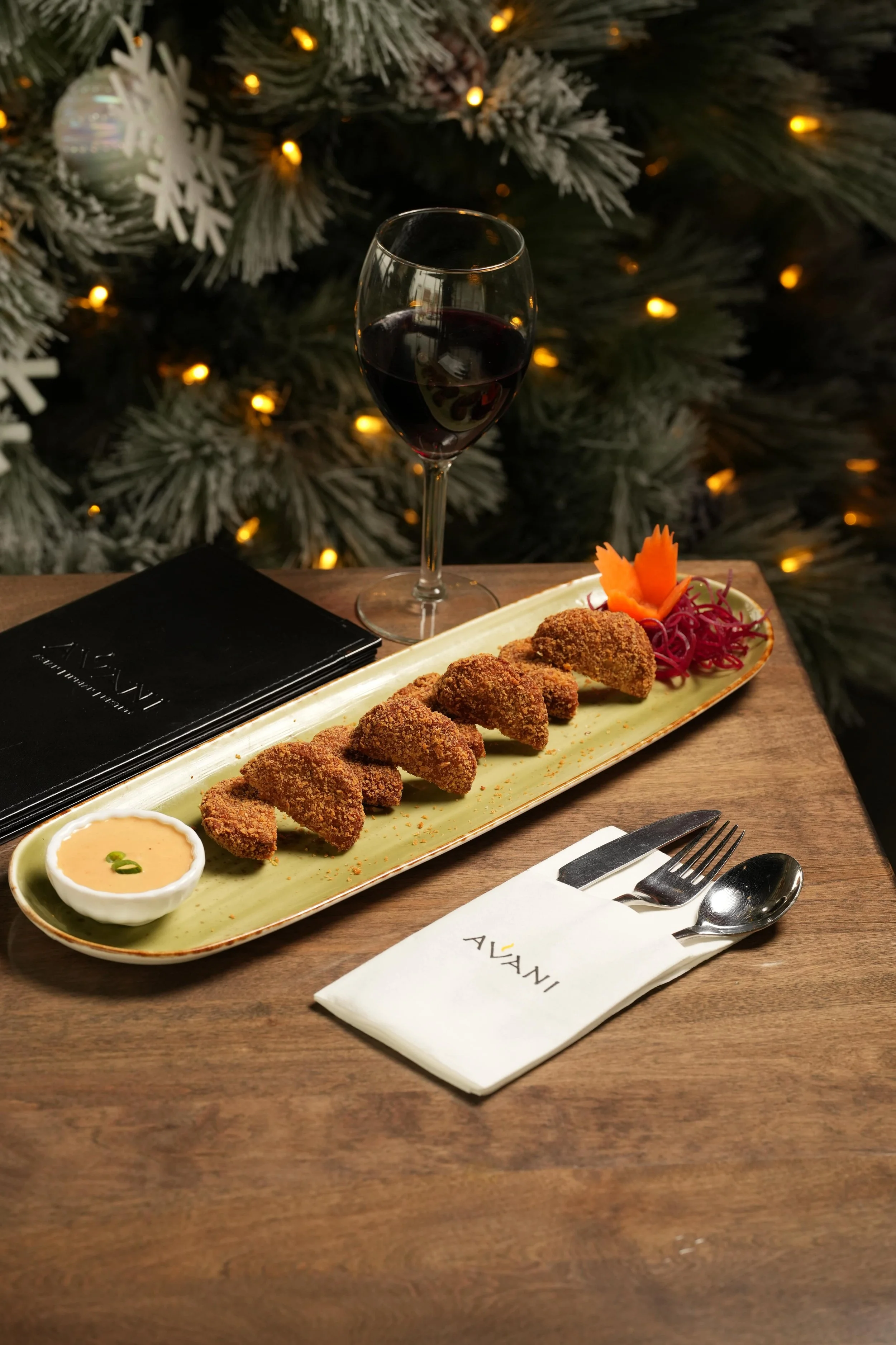Turkey Tikki: Crispy seasoned minced turkey battered and fried golden. Festive Menu Starter