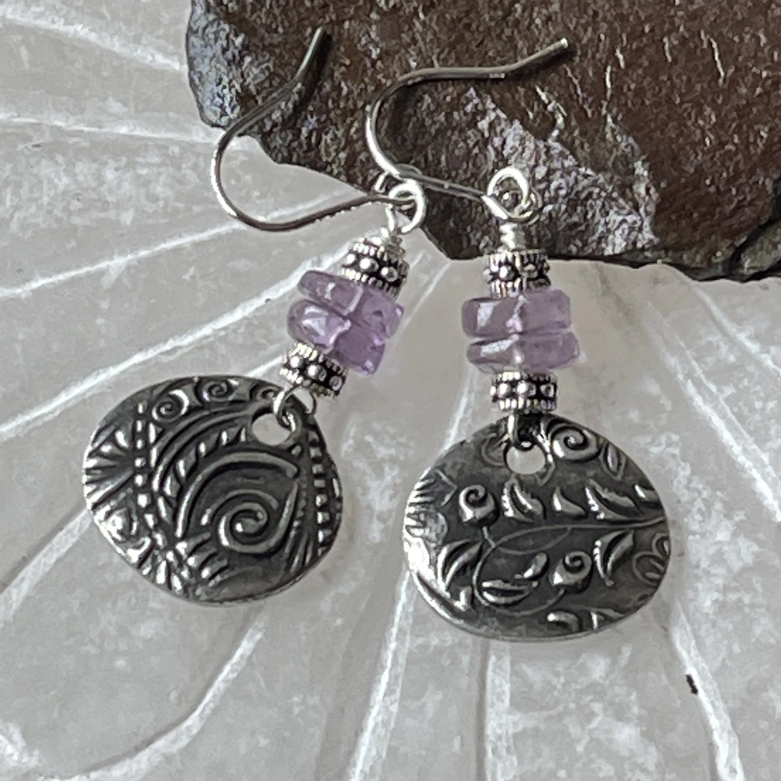 Genuine Amethyst Silver Swirl Drop Earrings 1"