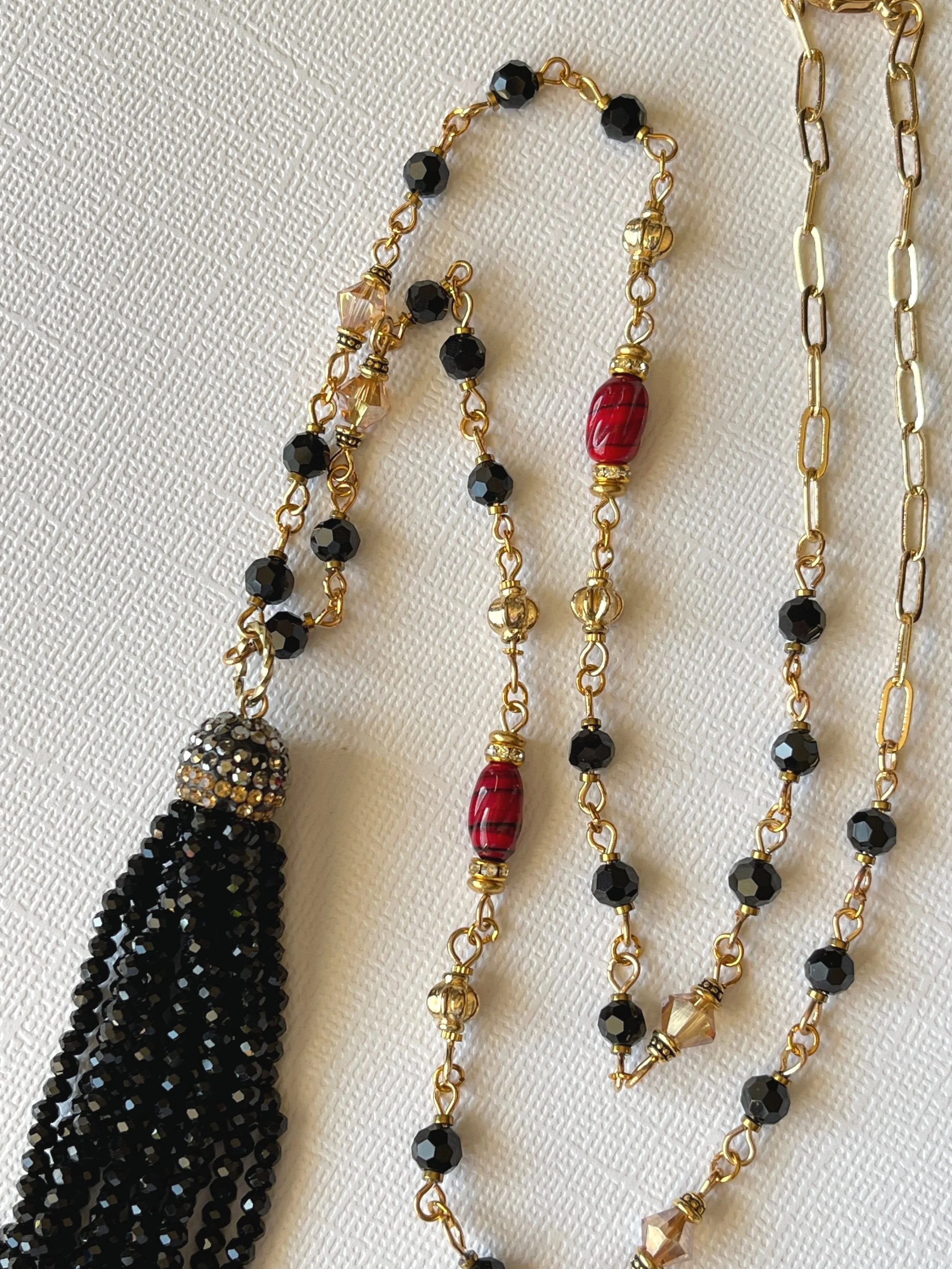 Tasseled Onyx Hematite Vintage bead necklace 24"