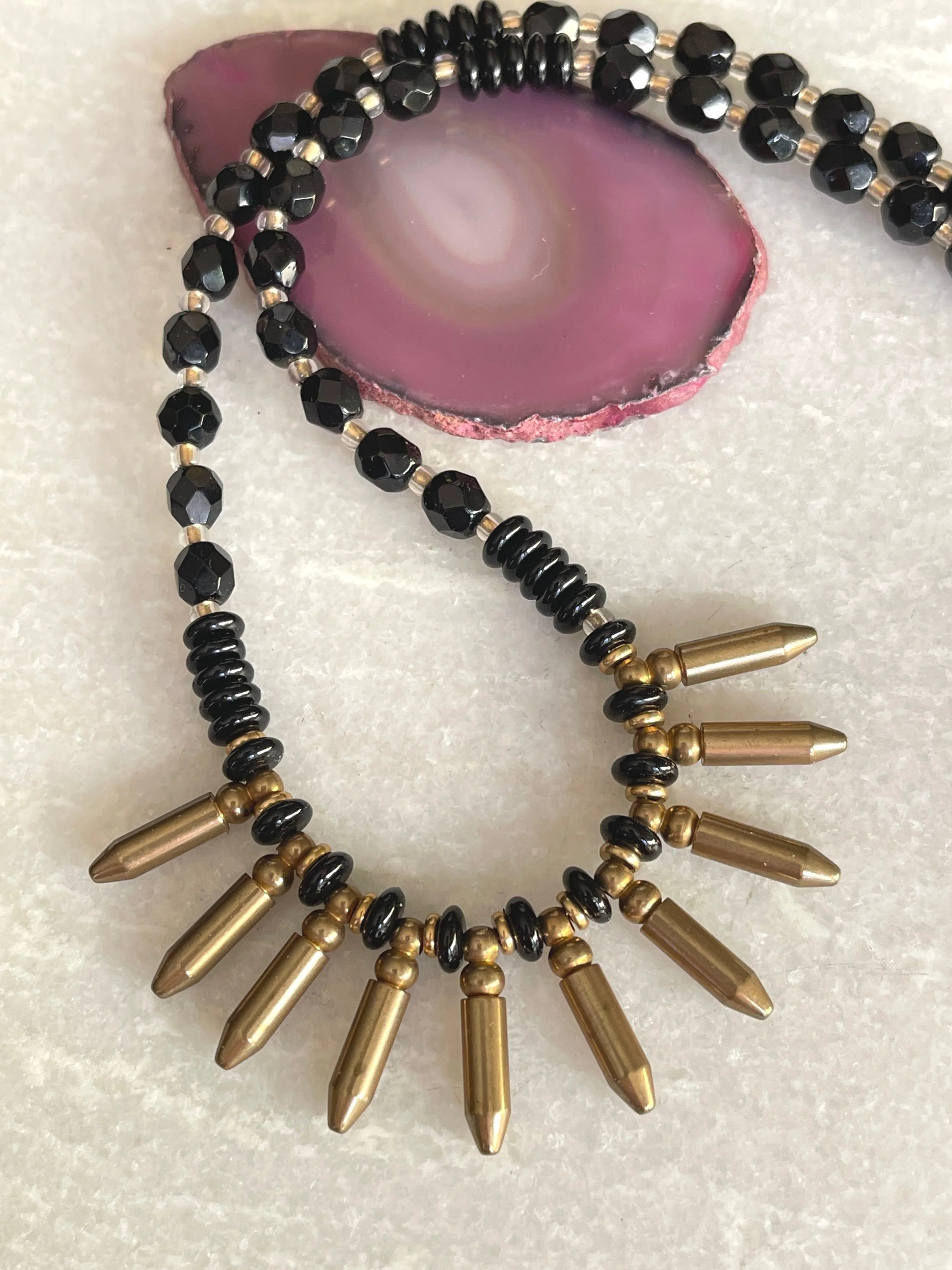 Brass Bullet Czech Bead Necklace 16"