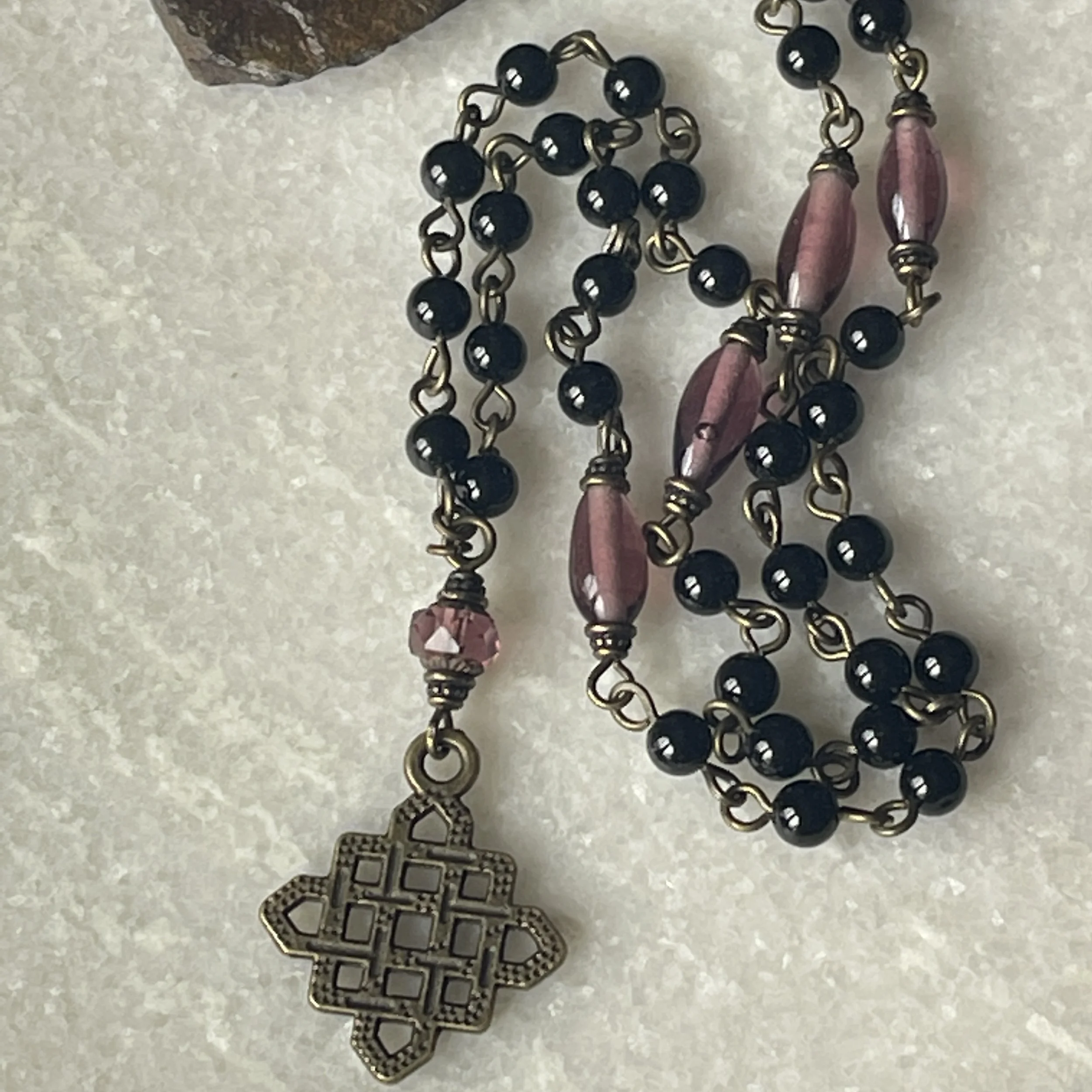 Vintage Celtic Cross + vintage onyx and 1950s purple beads 18"
