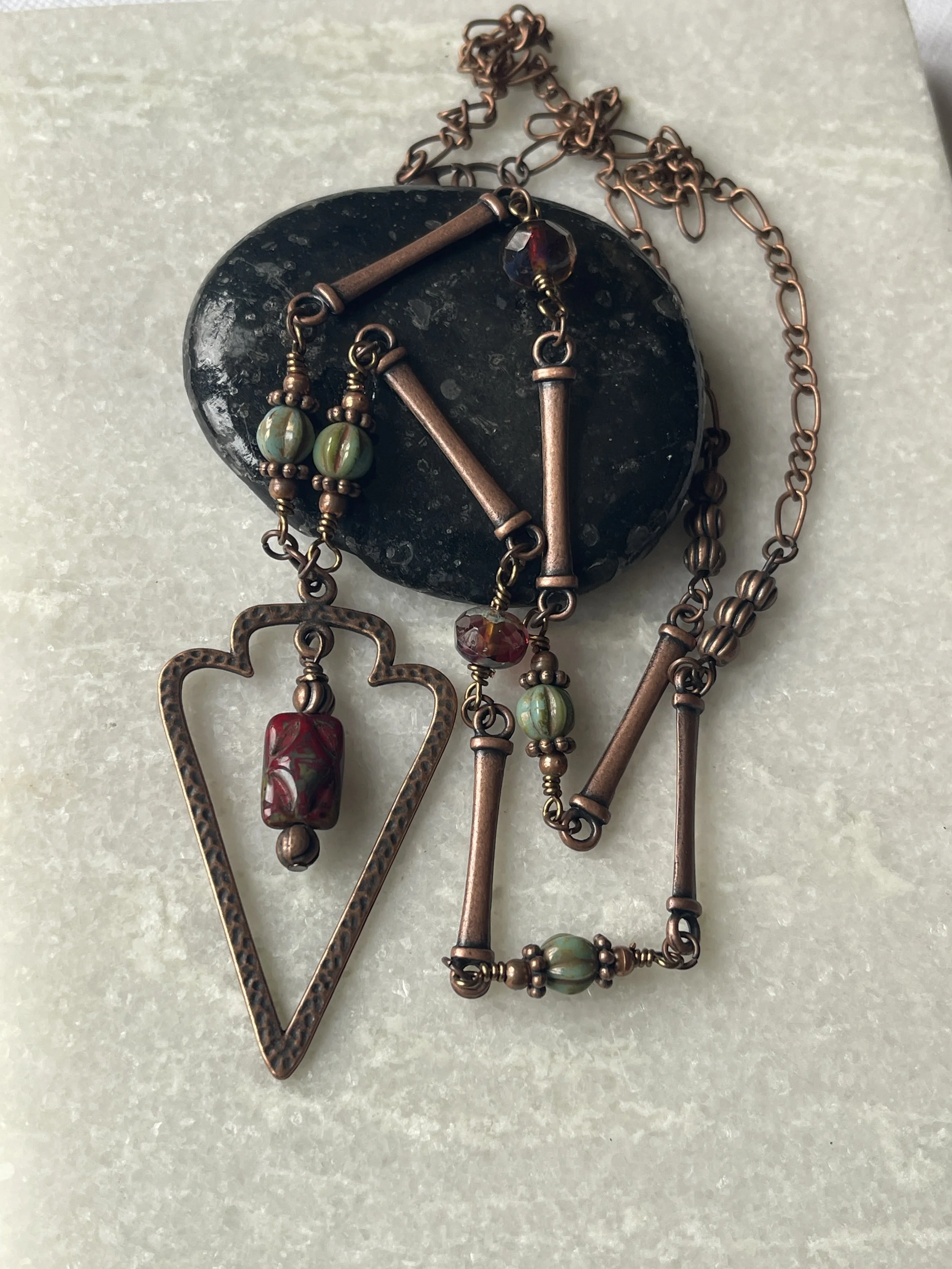 Hammered Copper Czech Glass  Pendant Necklace 24"