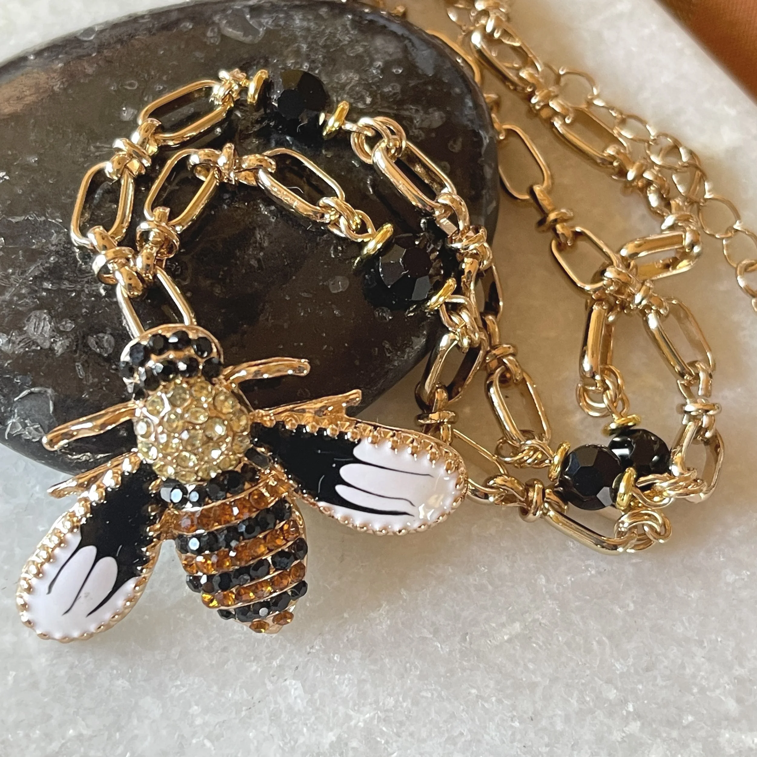 "Queen Bee" Enamel + Pave Rhinestone Bee Pendant Necklace 16"