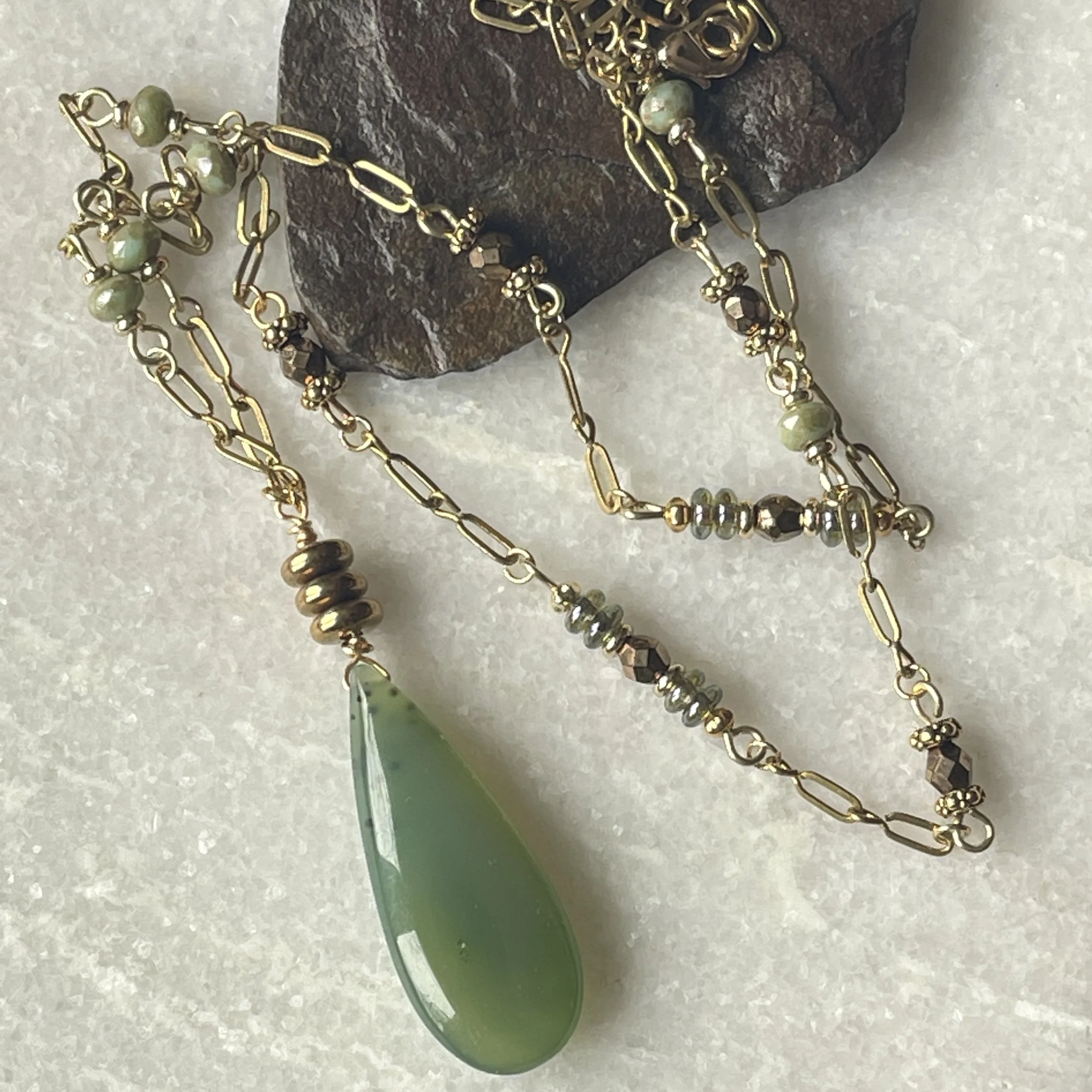 Czech Bronze Rondelle Mottled Green Teardrop Necklace 20"