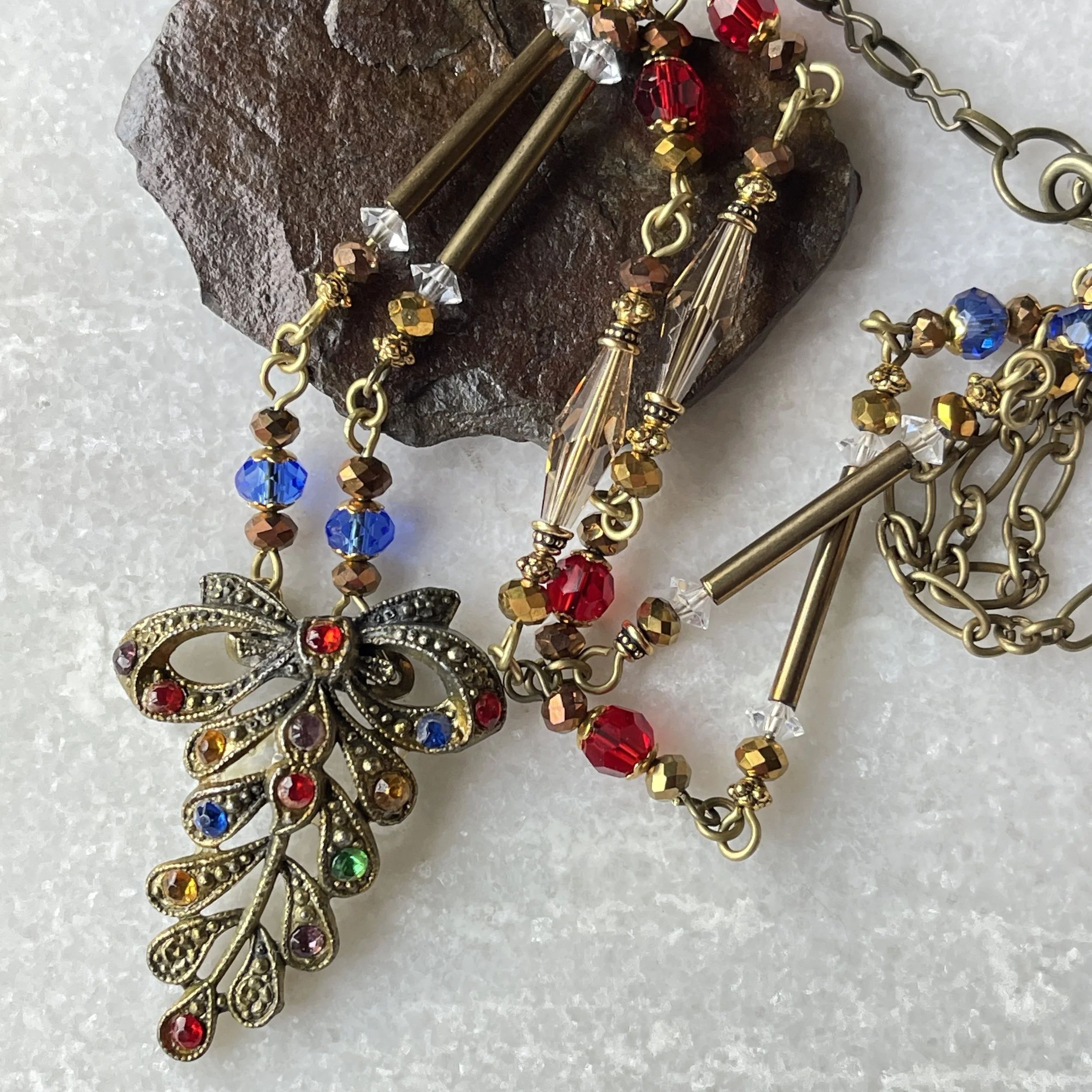 Vintage 1940s Upcycled Dress Clip Multi Rhinestone Czech Necklace 22 -24"