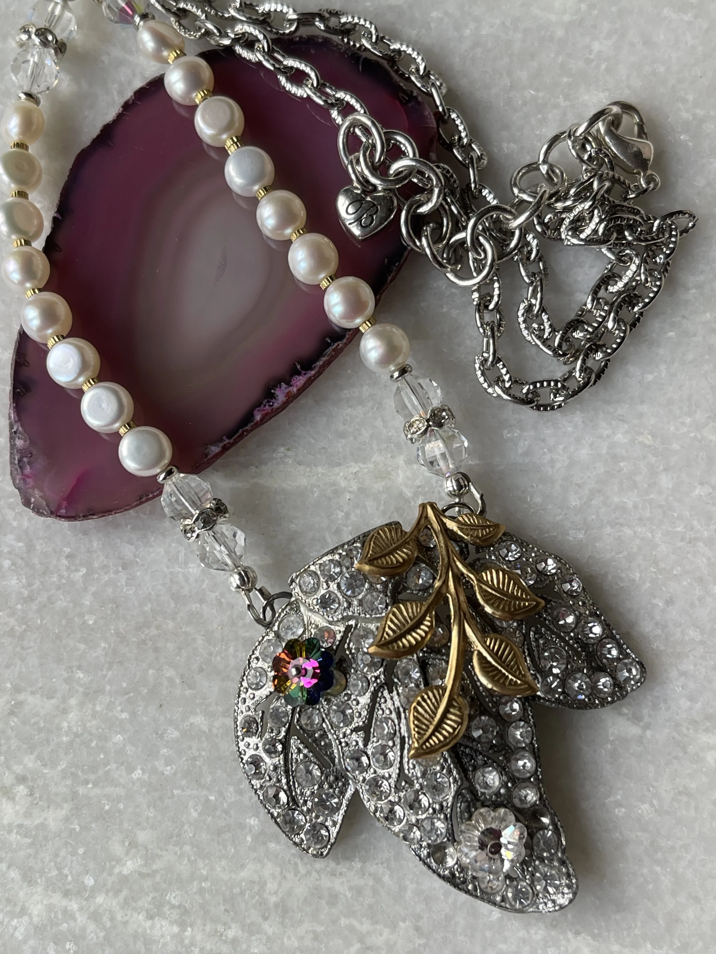 Vintage 1940s Rhinestone Leaf Freshwater Pearl Dress Clip 18"