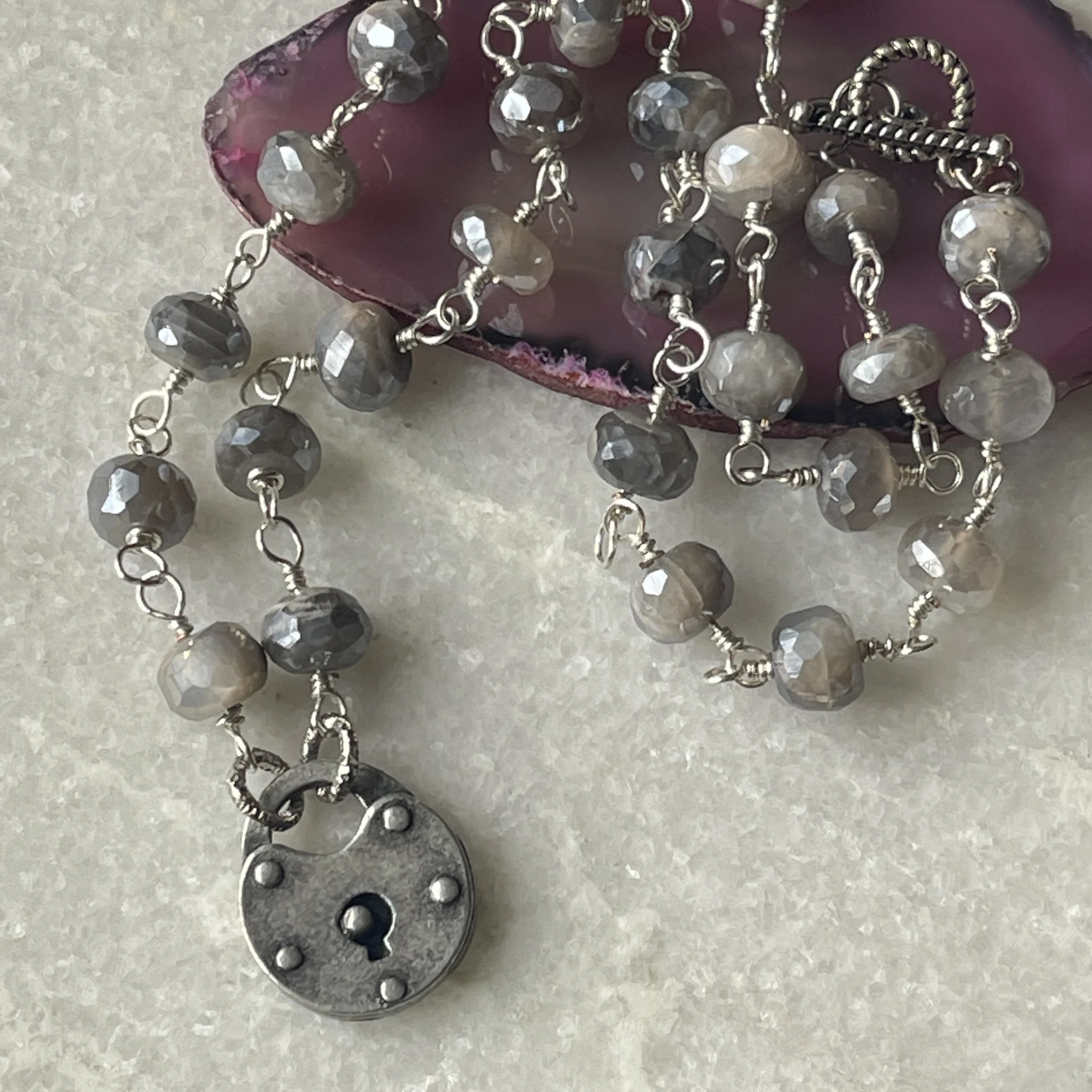 Gray Moonstone Rondelle Forged Lock Necklace 16"