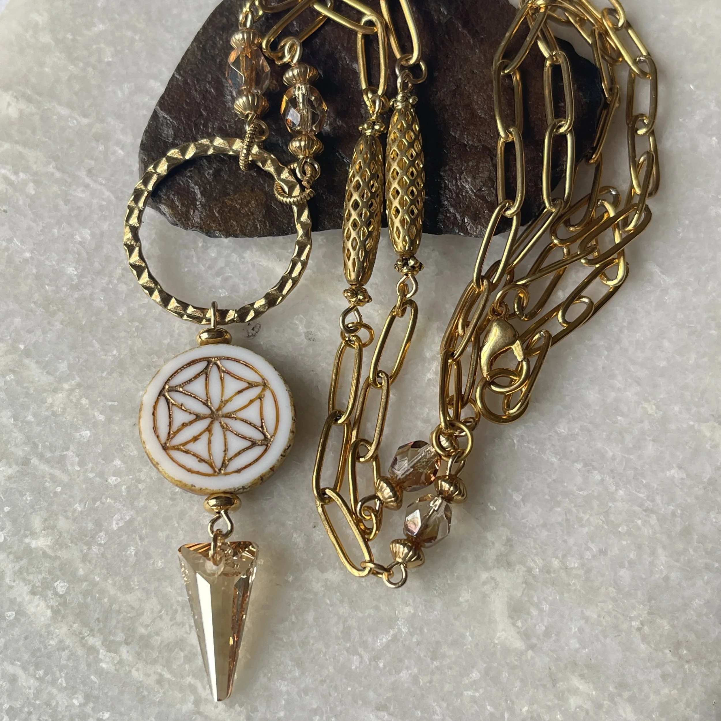 Czech Etched Glass Swarovski Dagger Necklace 22"