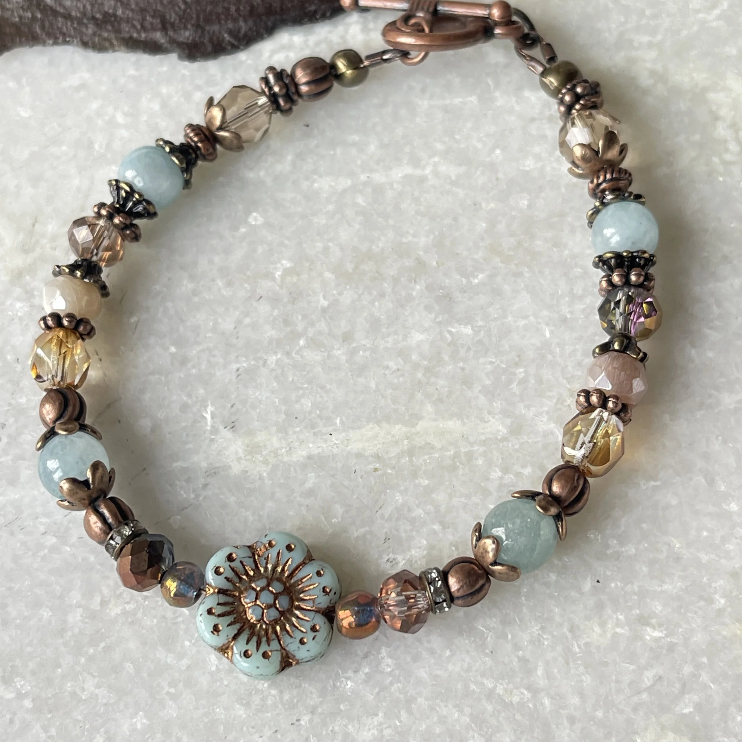 Czech Etched Glass Aquamarine Beaded Bracelet. 7.25"