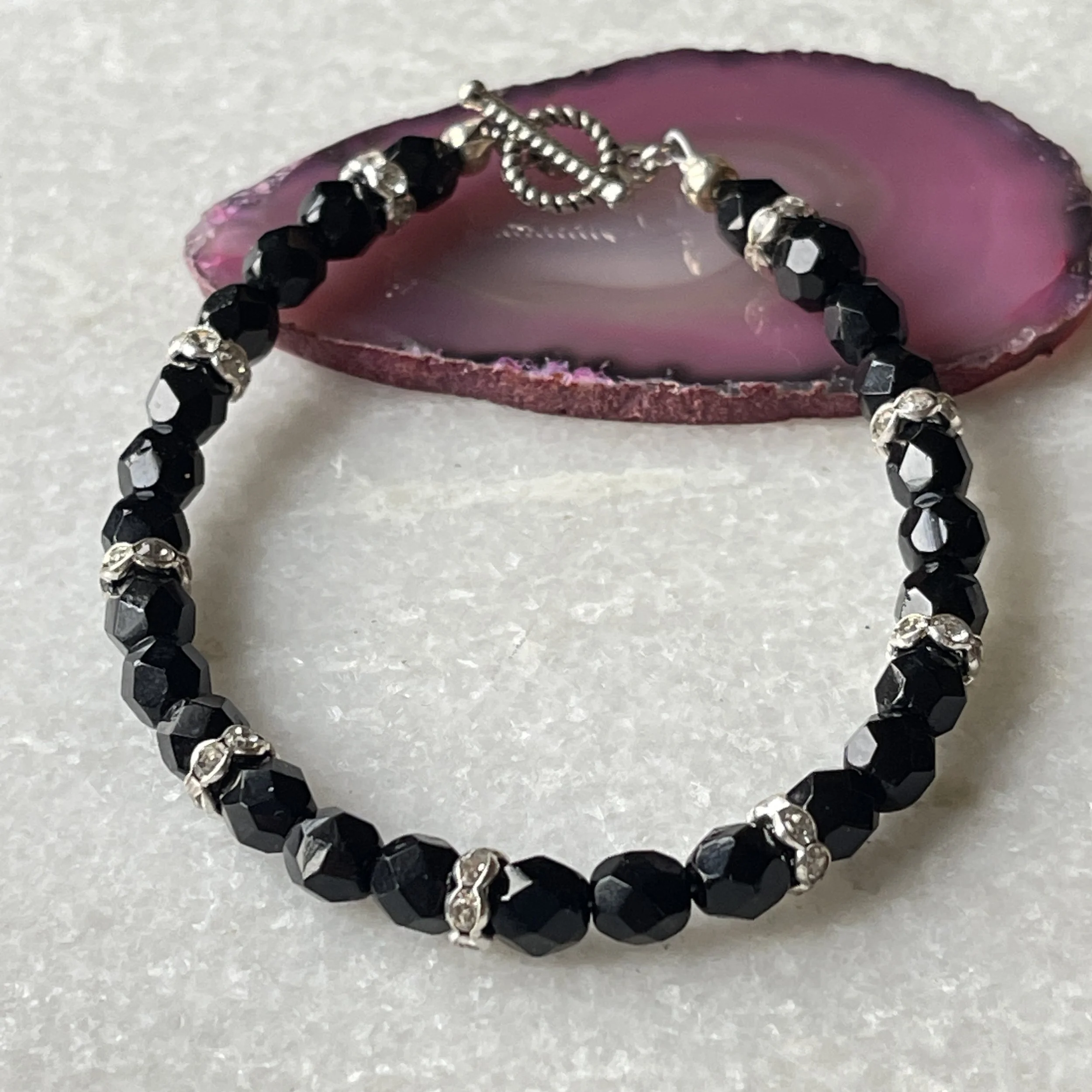 Czech Onyx Fire Polished Beads Rhinestone Rondelle Bracelet  7.5"