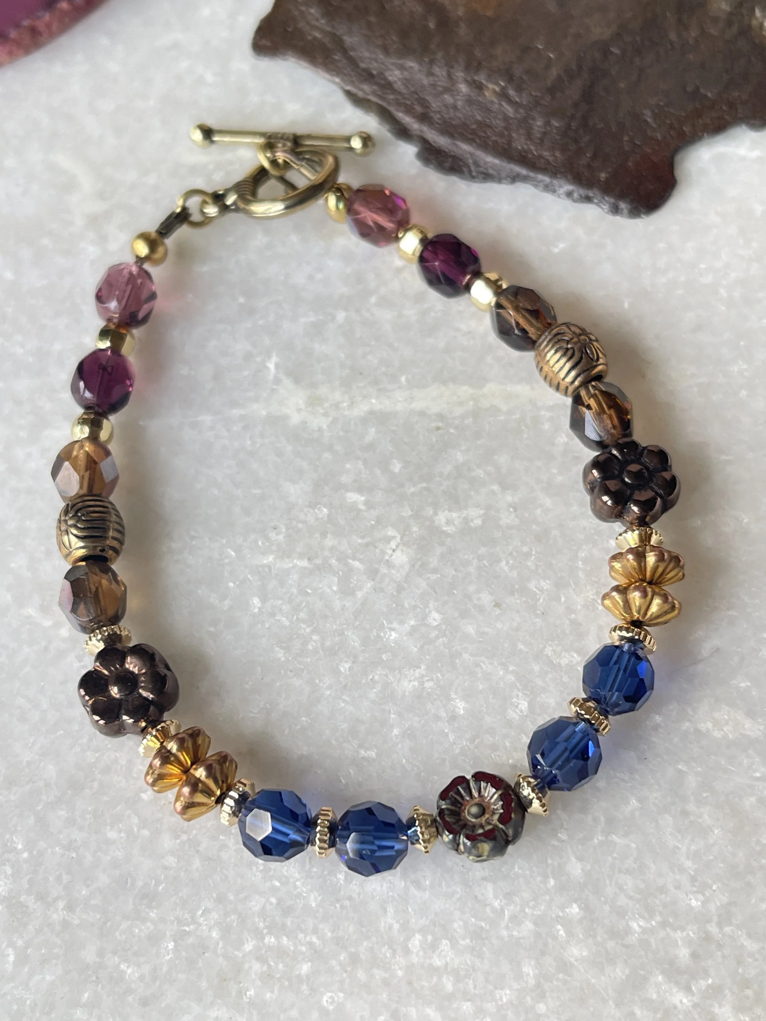 Czech Etched Flower + Austrian Crystal Beaded Bracelet  7.25"