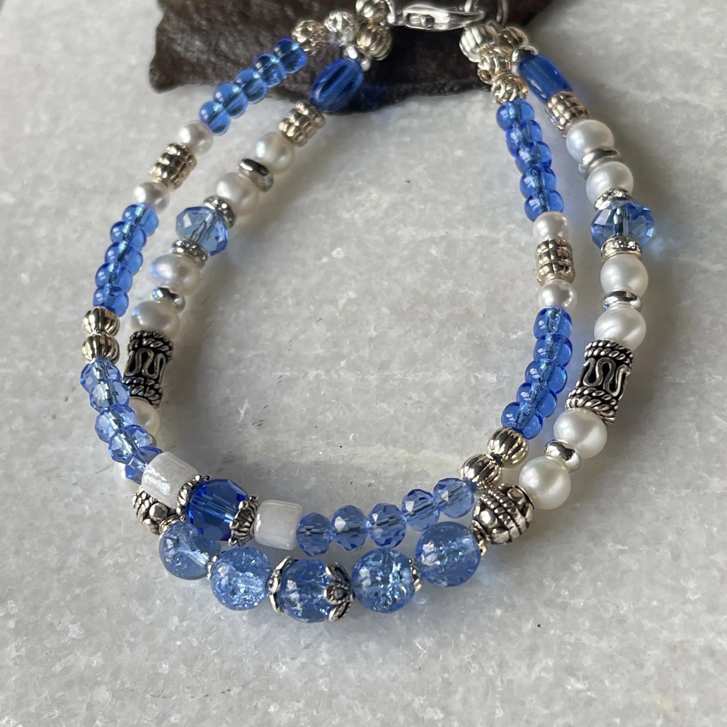 Vintage Crackle Glass Freshwater Pearl Austrian Crystal Double Layer Bracelet 7.5"