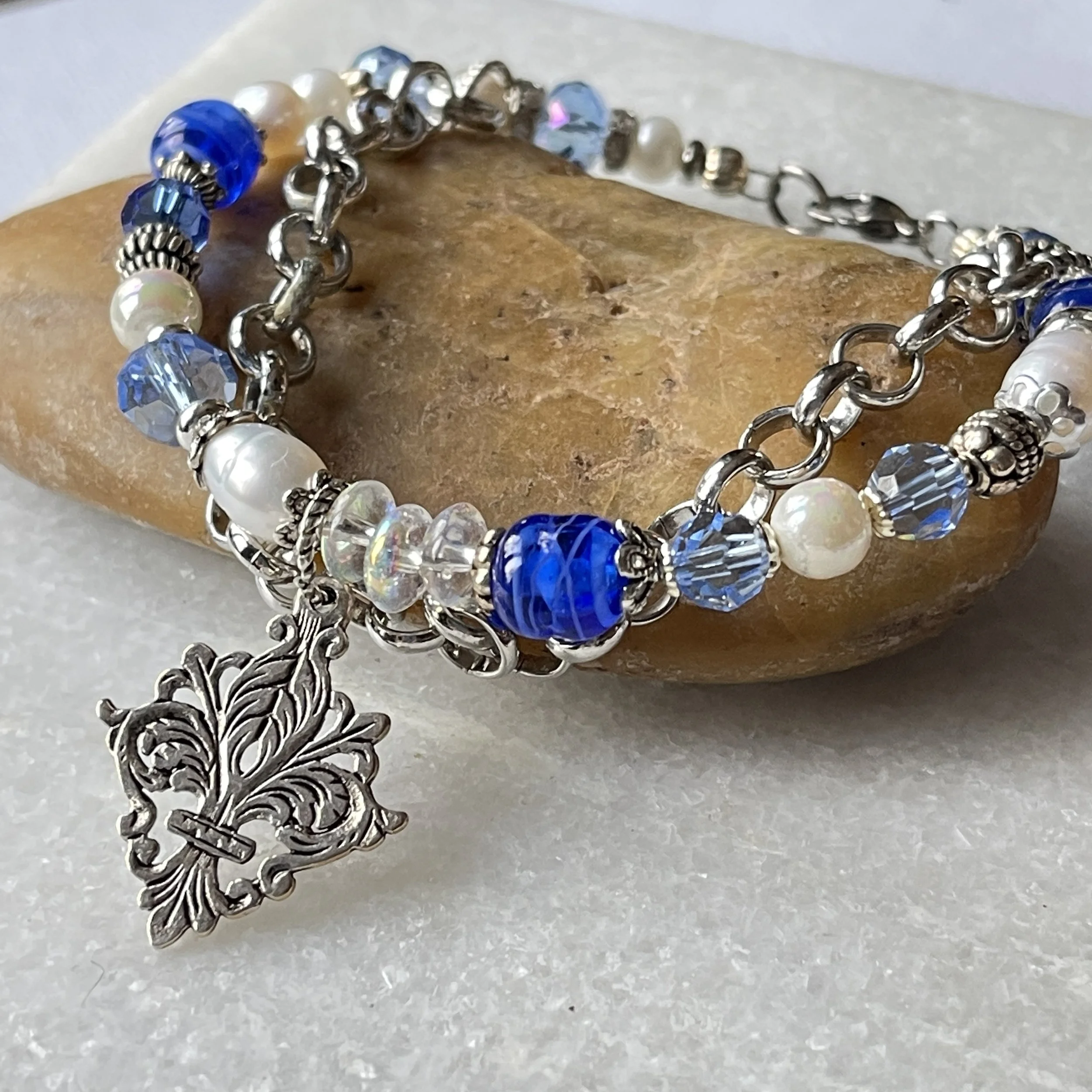 Vintage W German Art Glass Freshwater Pearl Sterling Beaded Double layer Bracelet. 7.25"