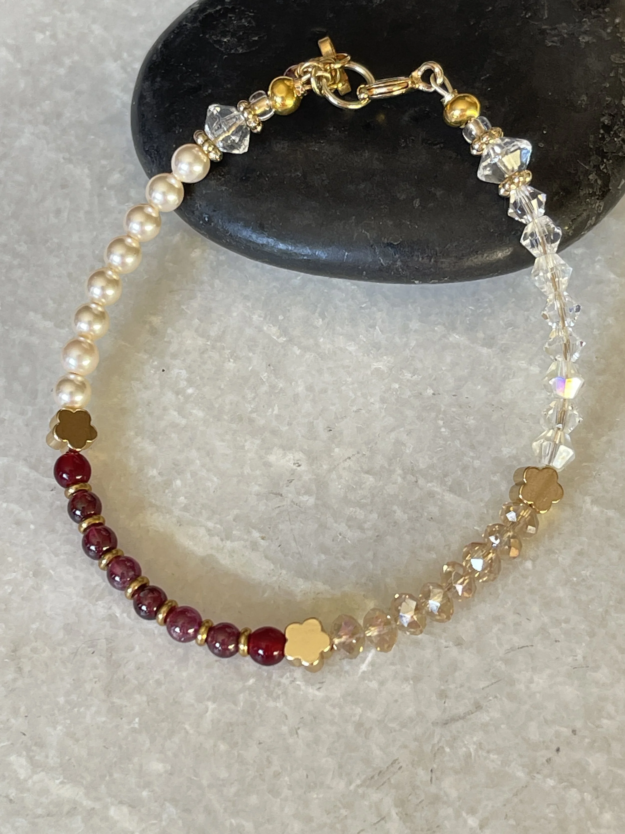 Genuine garnet Austrian crystal Swarovski pearl flower Bracelet  7"