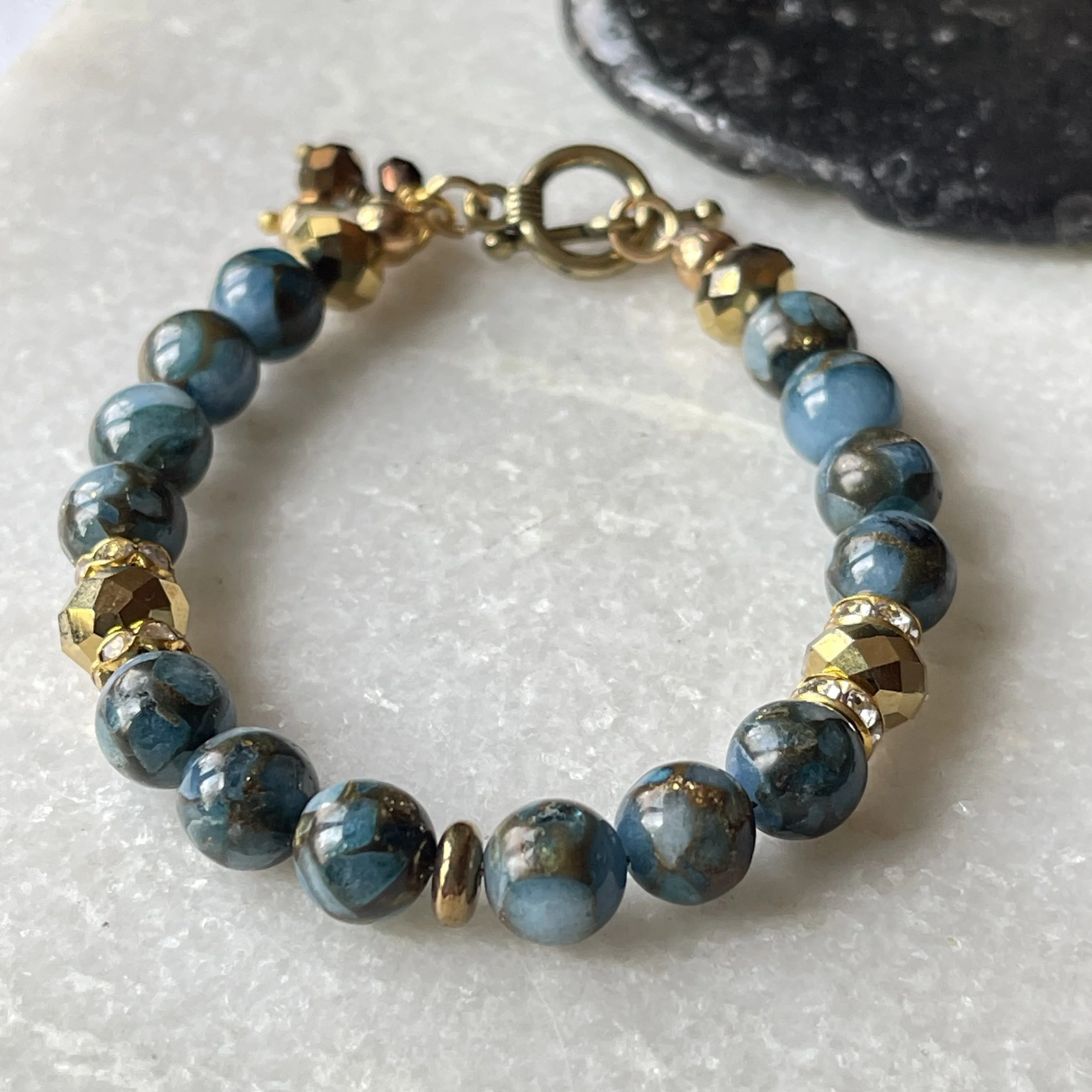 Infused Jasper Gold Fleck Beaded Bracelet. 7.5"