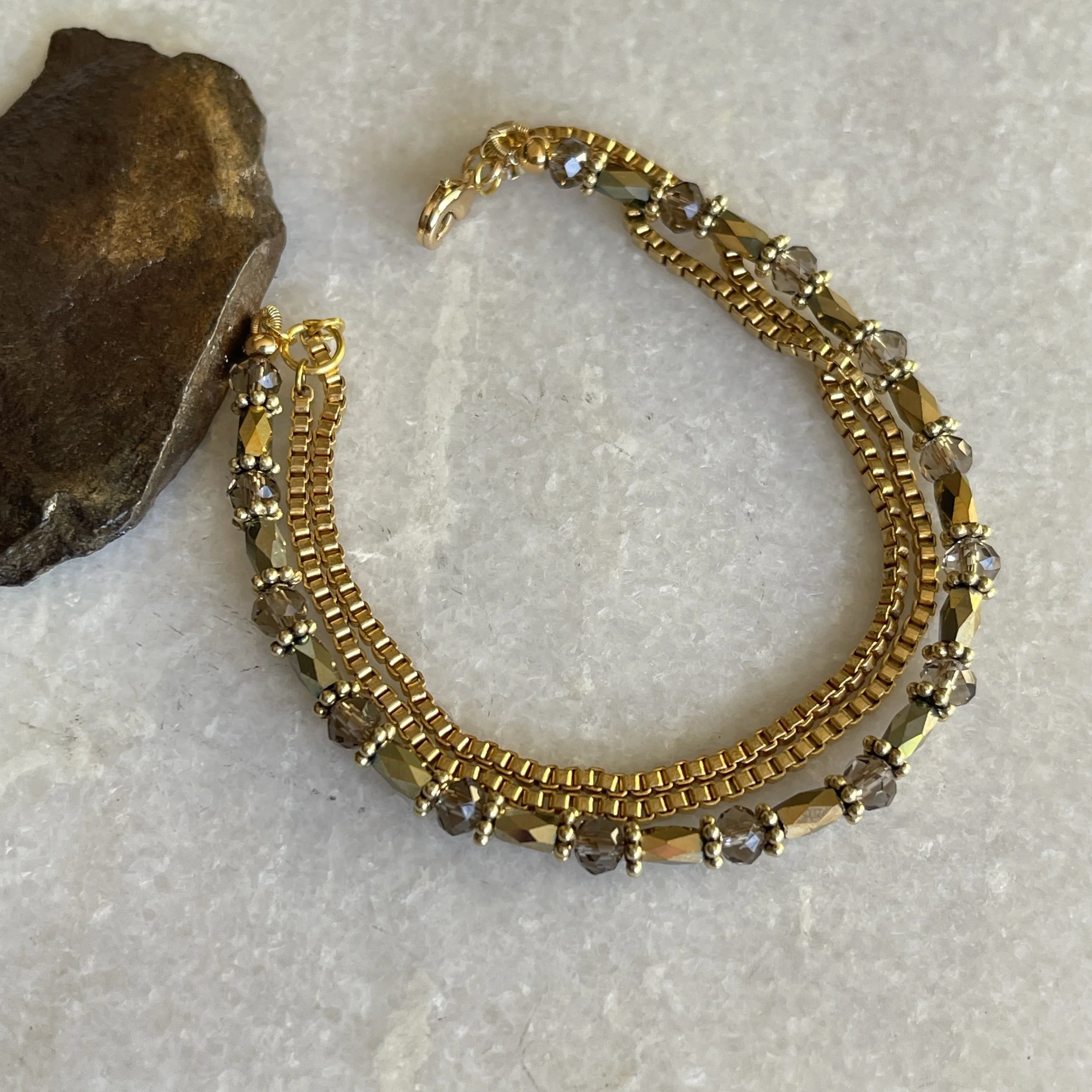 Austrian Crystal Czech Glass Triple Row Gold Box Chain Bracelet  7.25