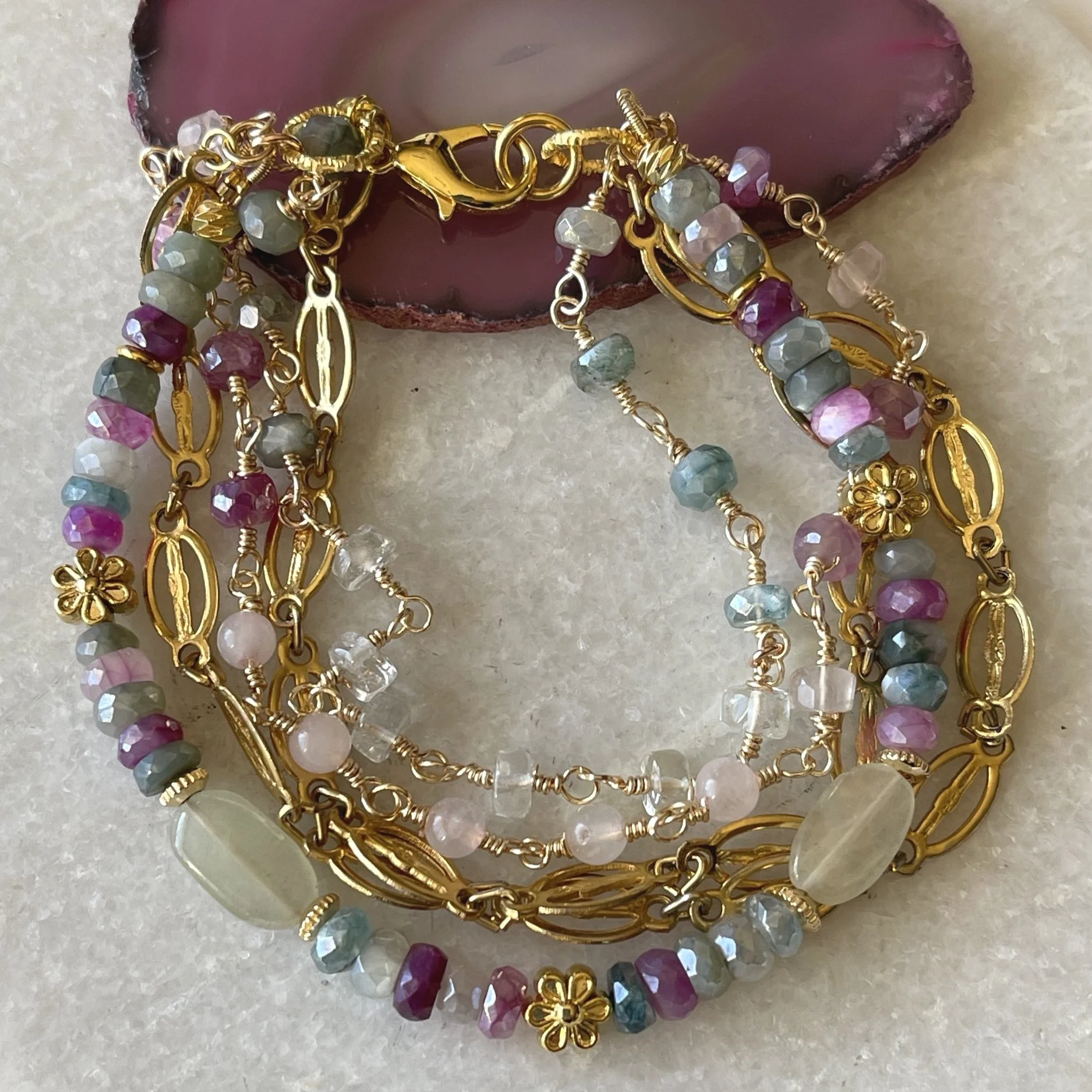 Watermelon Tourmaline Flourine Rose Quartz Layered Bracelet    7.5"