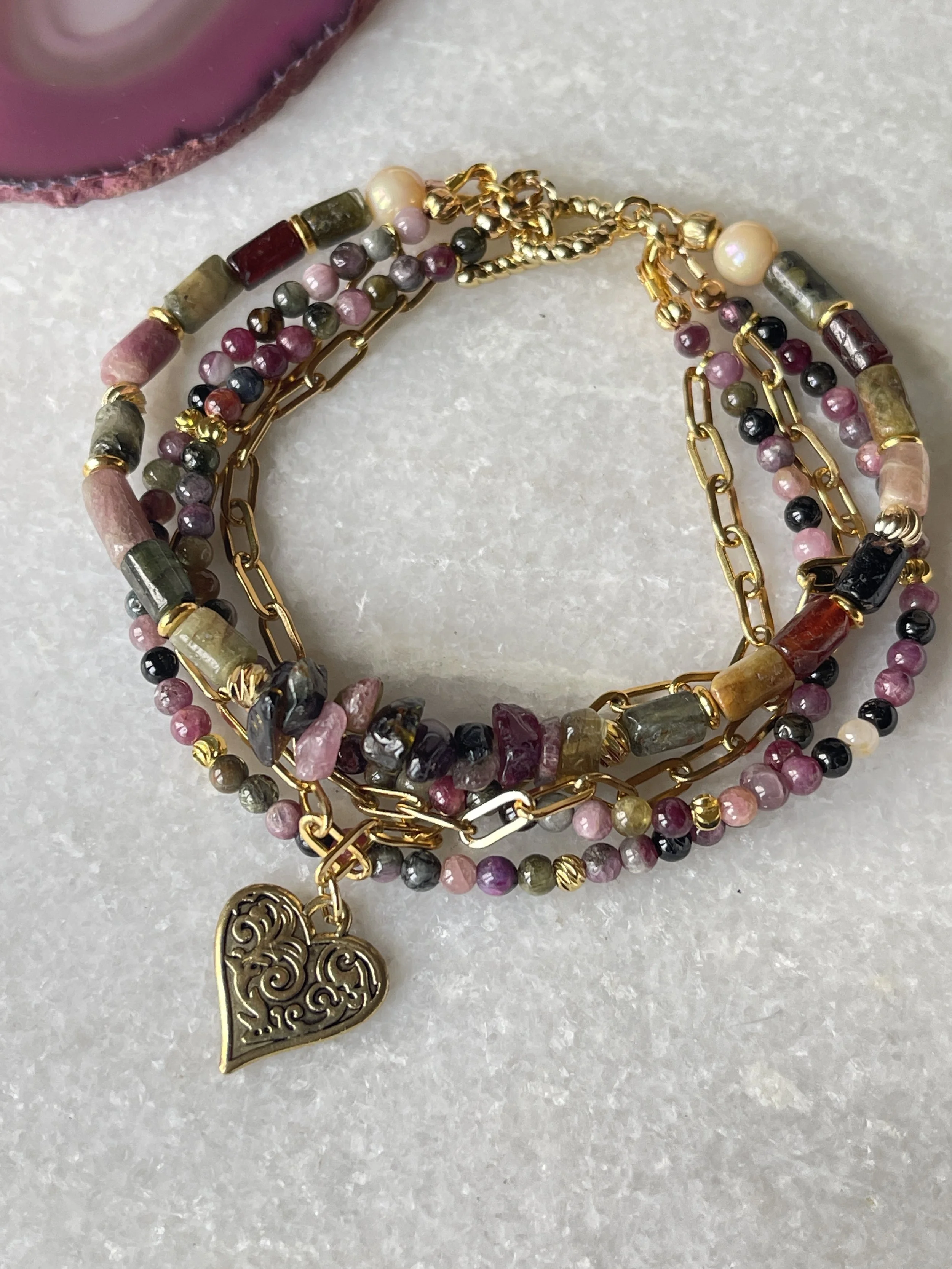 Watermelon Tourmaline Heart Charm Drawn Chain Bracelet  7.5"